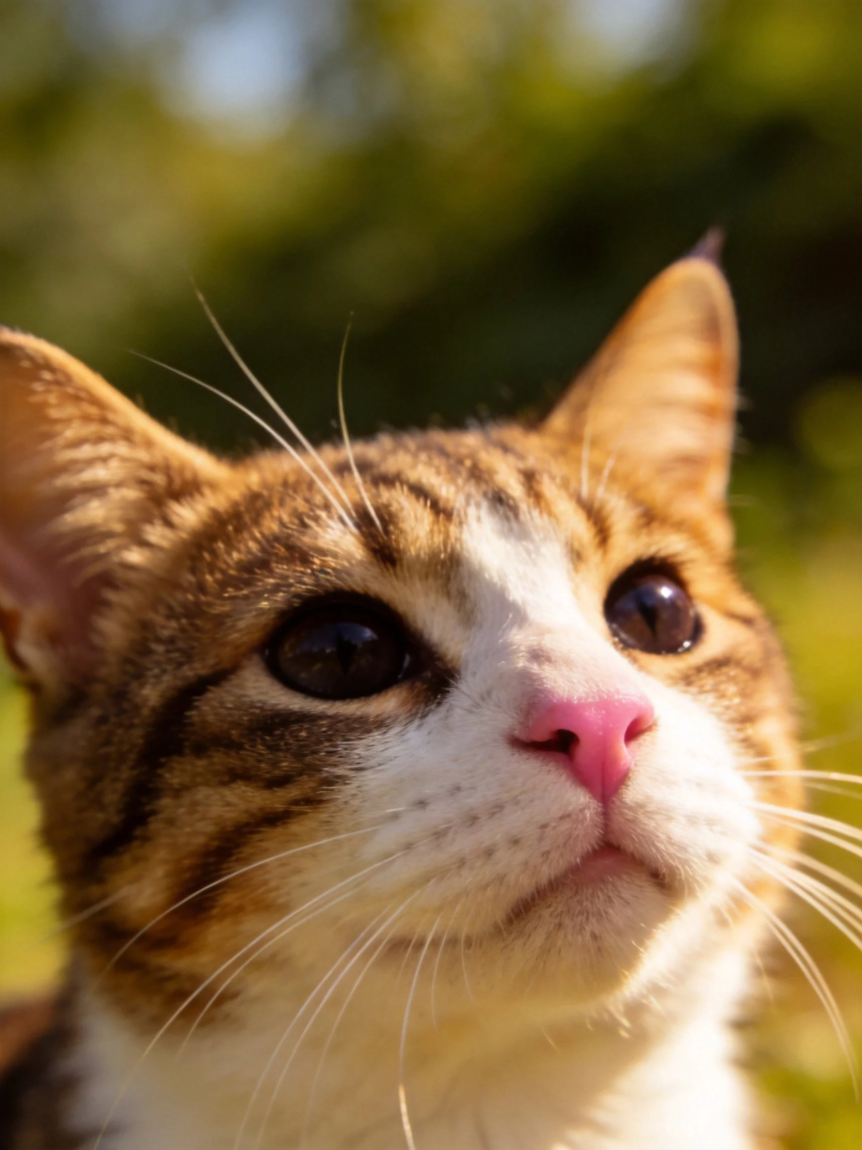 A close - up of an orange and white tabby cat with a pink nose in a sunny outdoor setting.