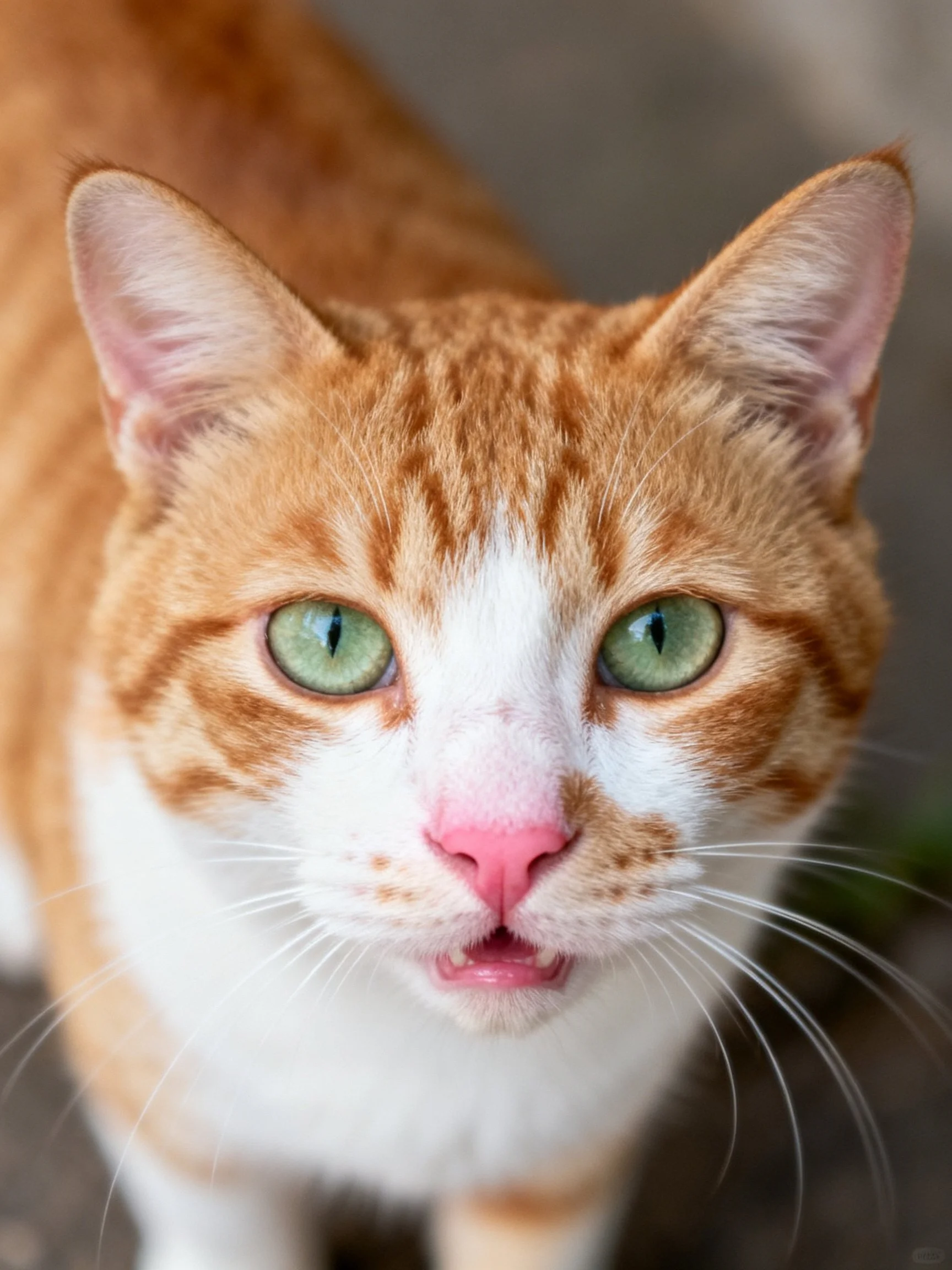 An orange and white tabby cat with bright green eyes is shown in detail.