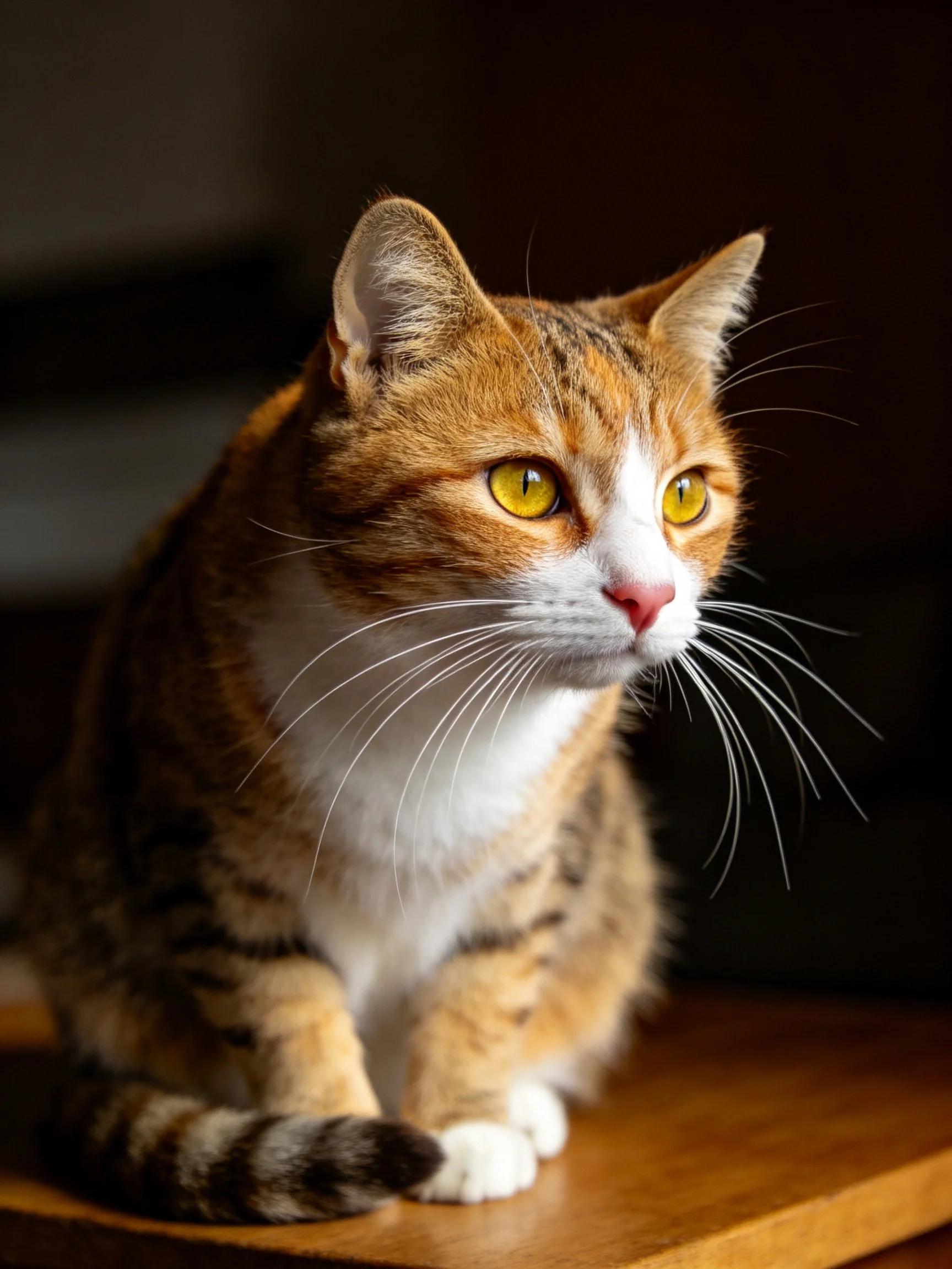 An orange and white tabby cat with bright yellow eyes sits on a wooden surface.