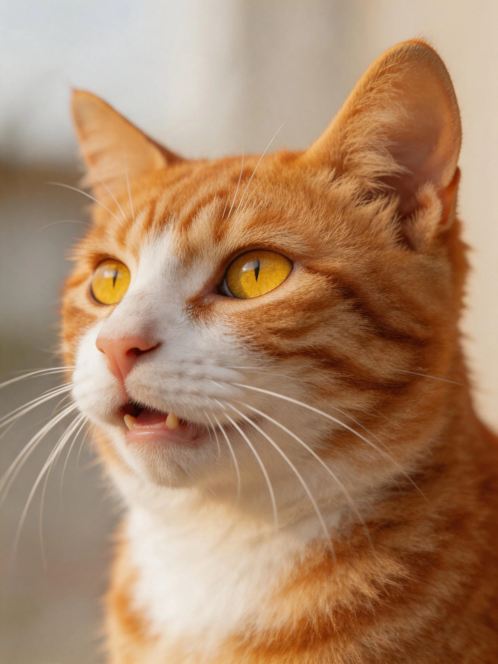 An orange and white tabby cat with bright yellow eyes is shown up close.