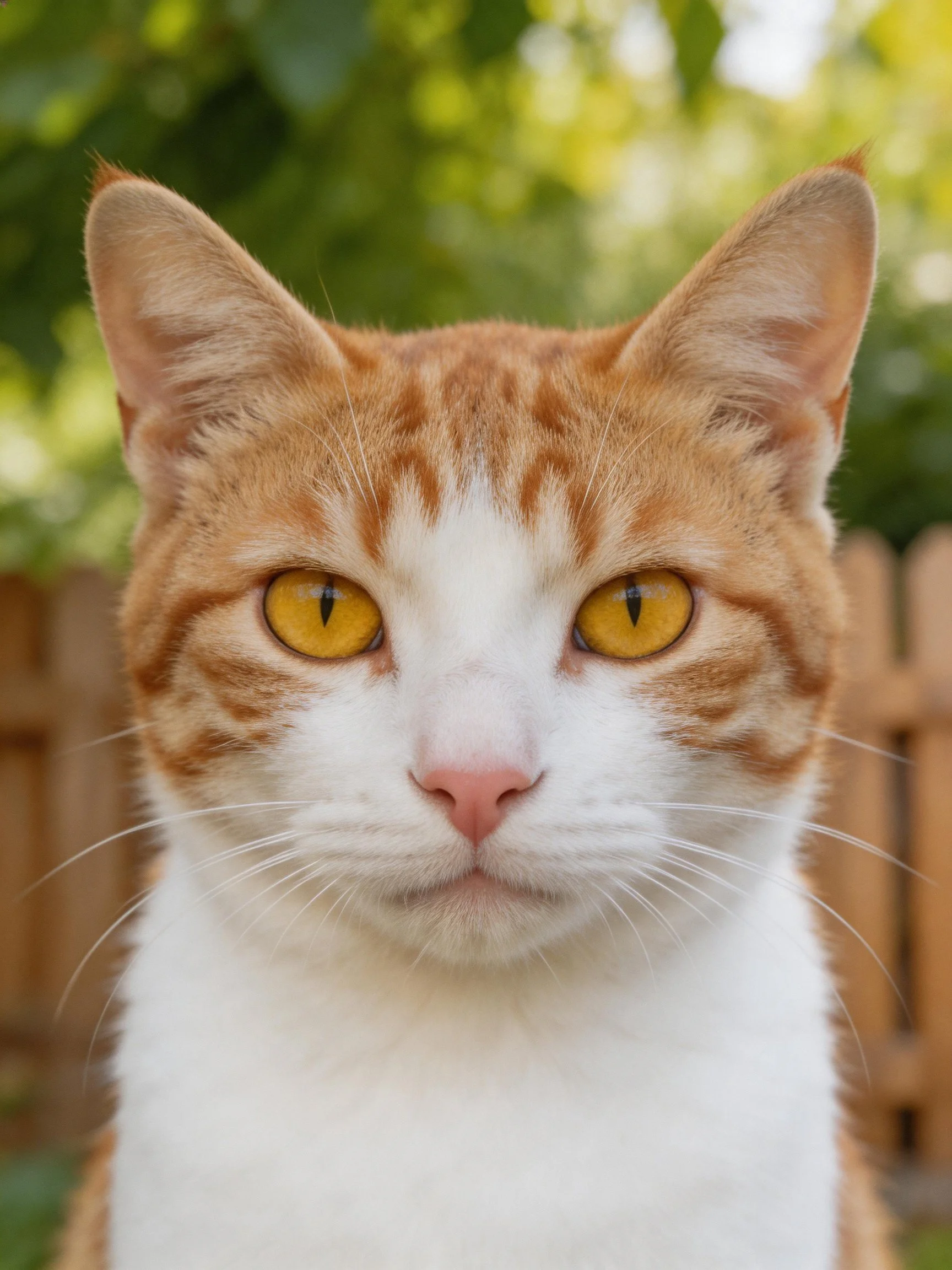 A close - up of an orange and white cat with yellow eyes.
