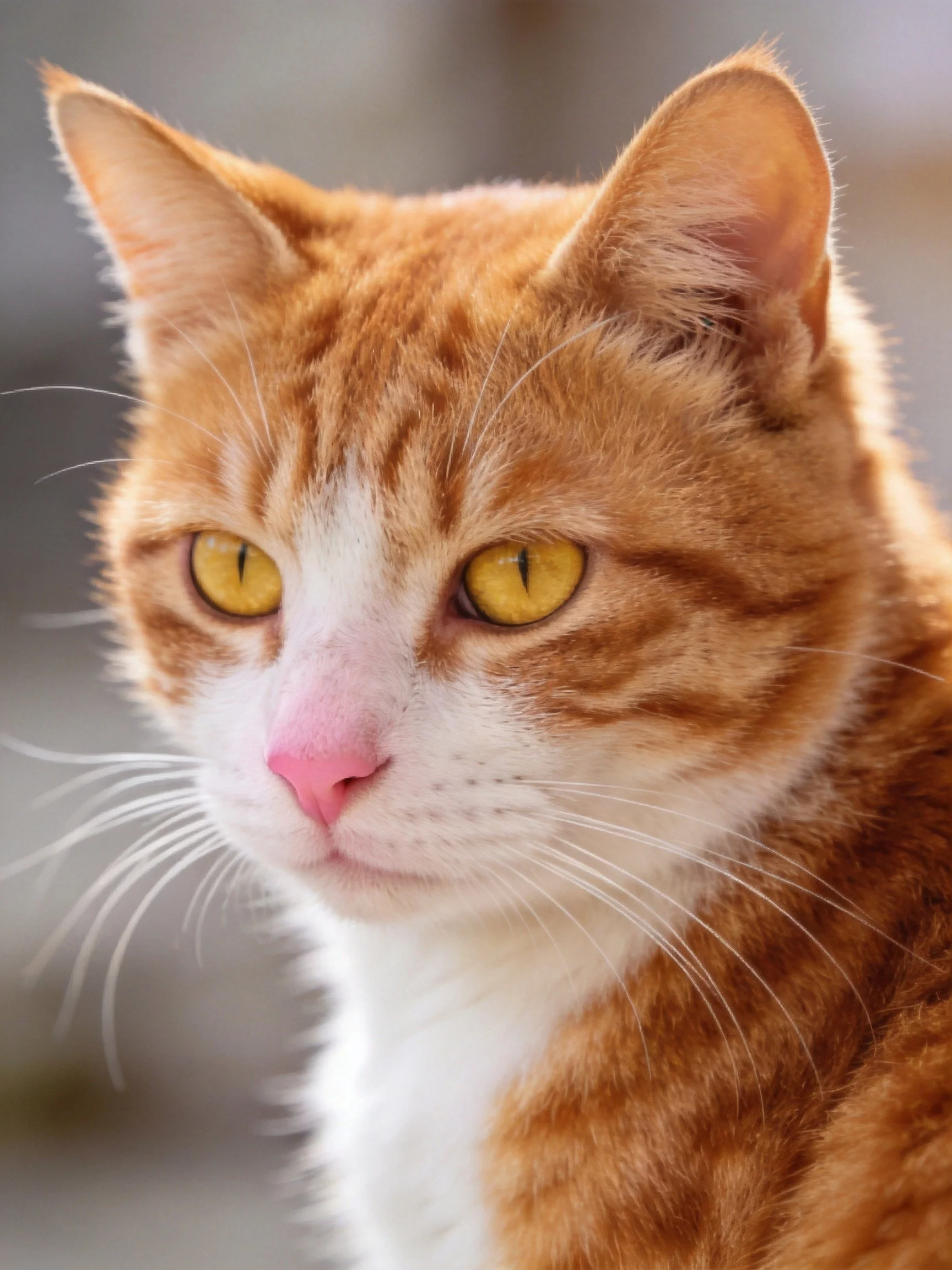 A close-up highlights an orange and white tabby cat with vivid yellow eyes.
