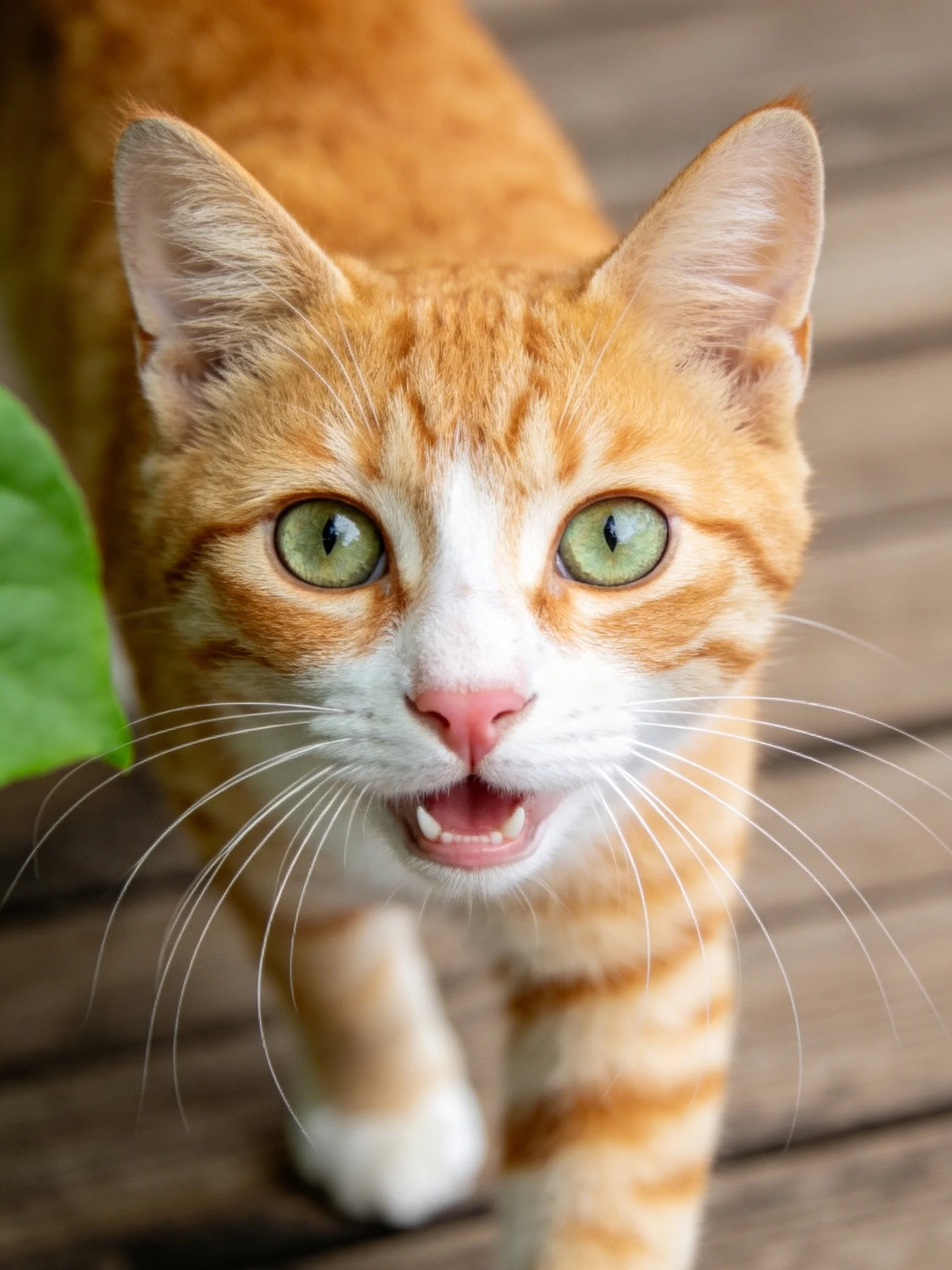 An orange and white tabby cat with green eyes stands on a wooden surface.