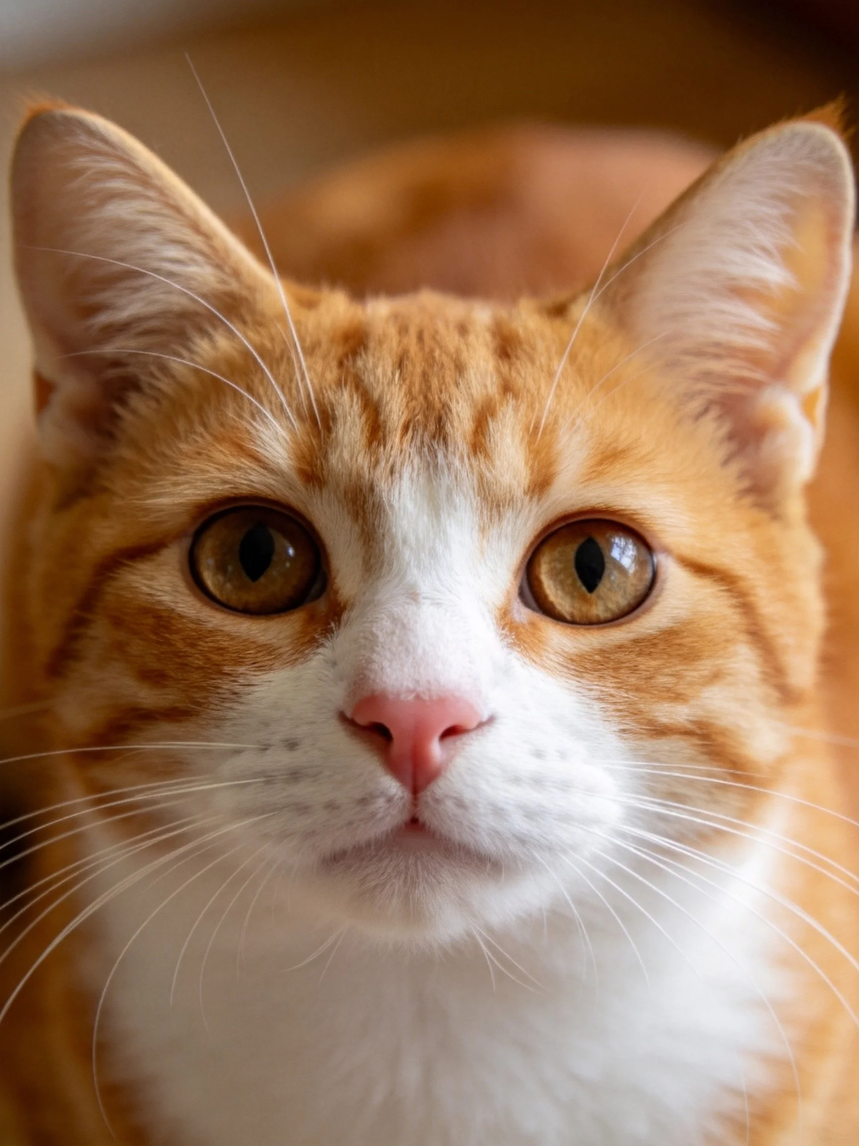 A close-up of an orange and white tabby cat with large eyes