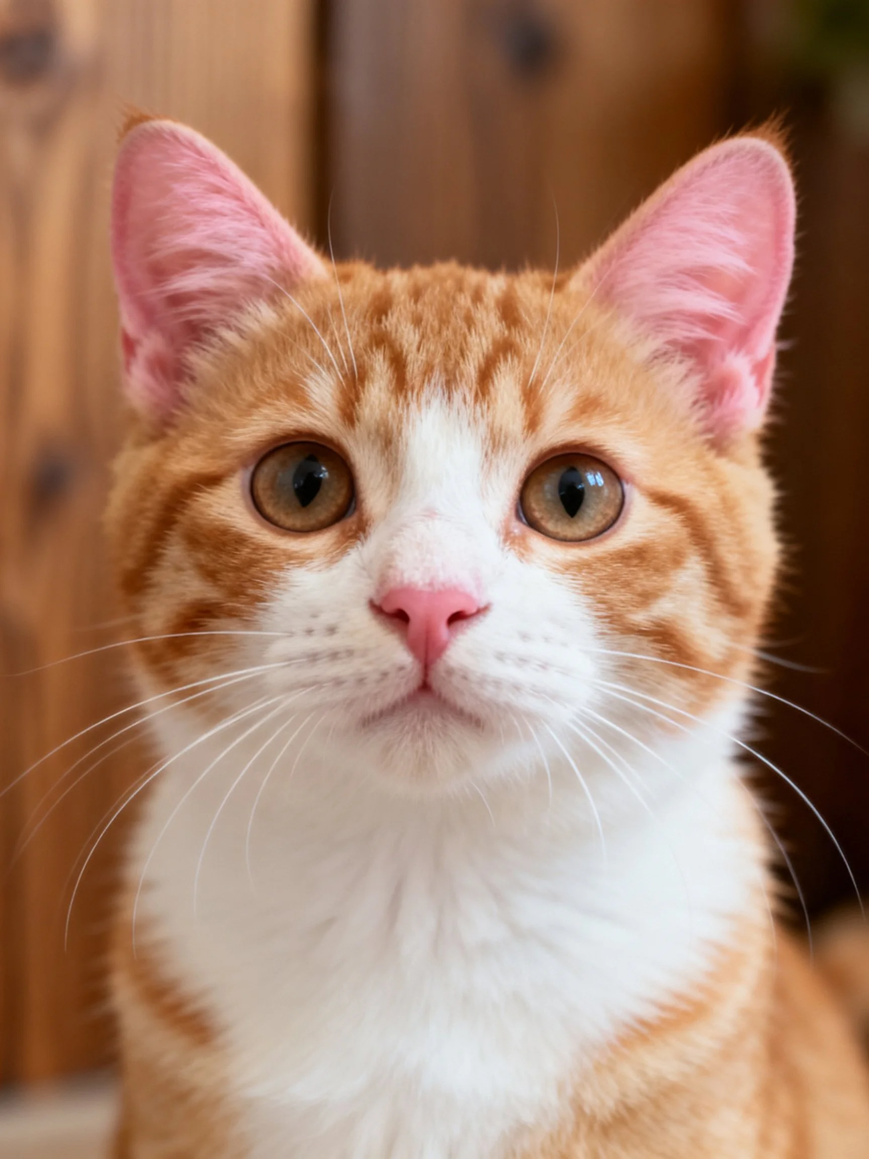 An orange and white tabby cat looks directly at the camera with wide eyes.