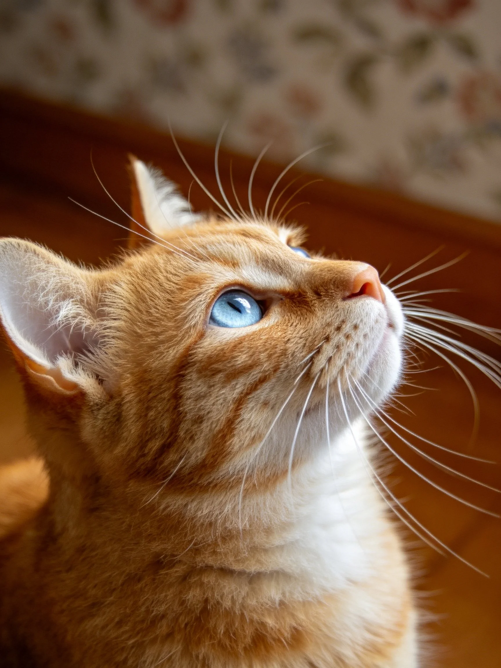 An orange cat with blue eyes looks upward in a warmly lit space.