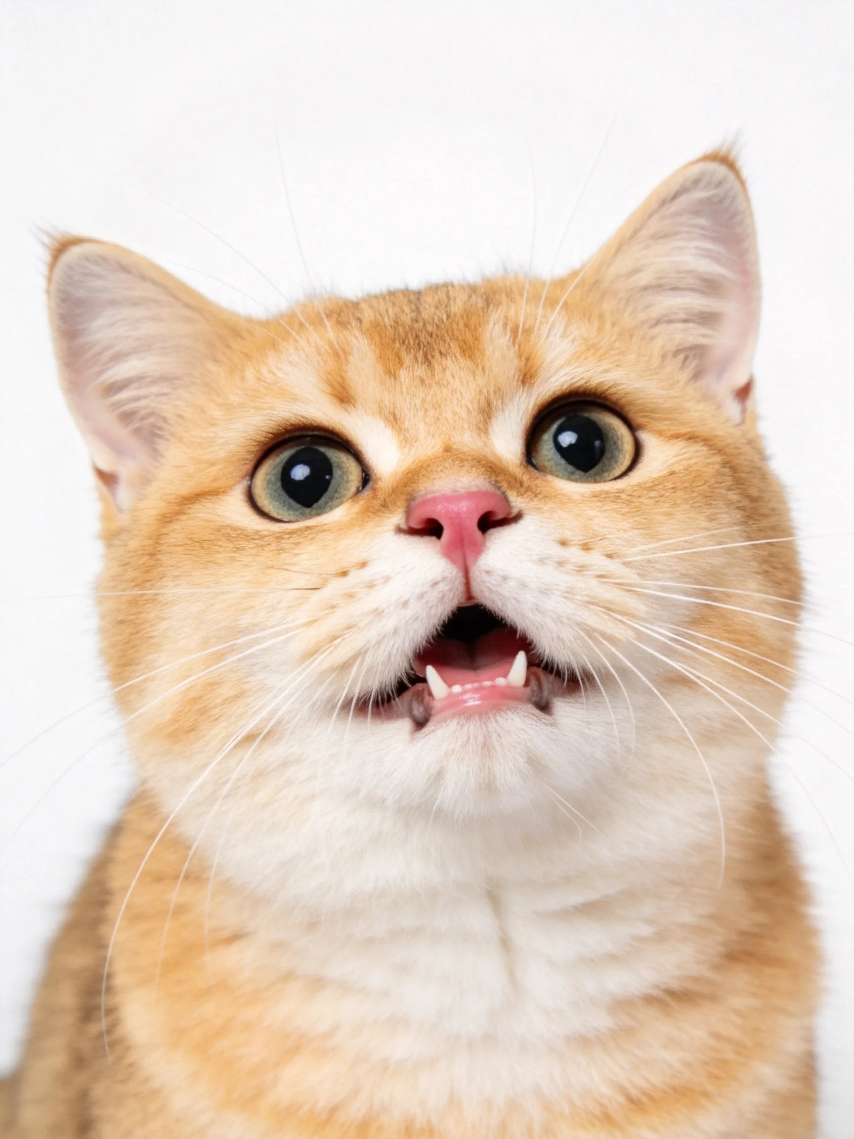 A close - up shows an orange cat with wide green eyes and an open mouth.