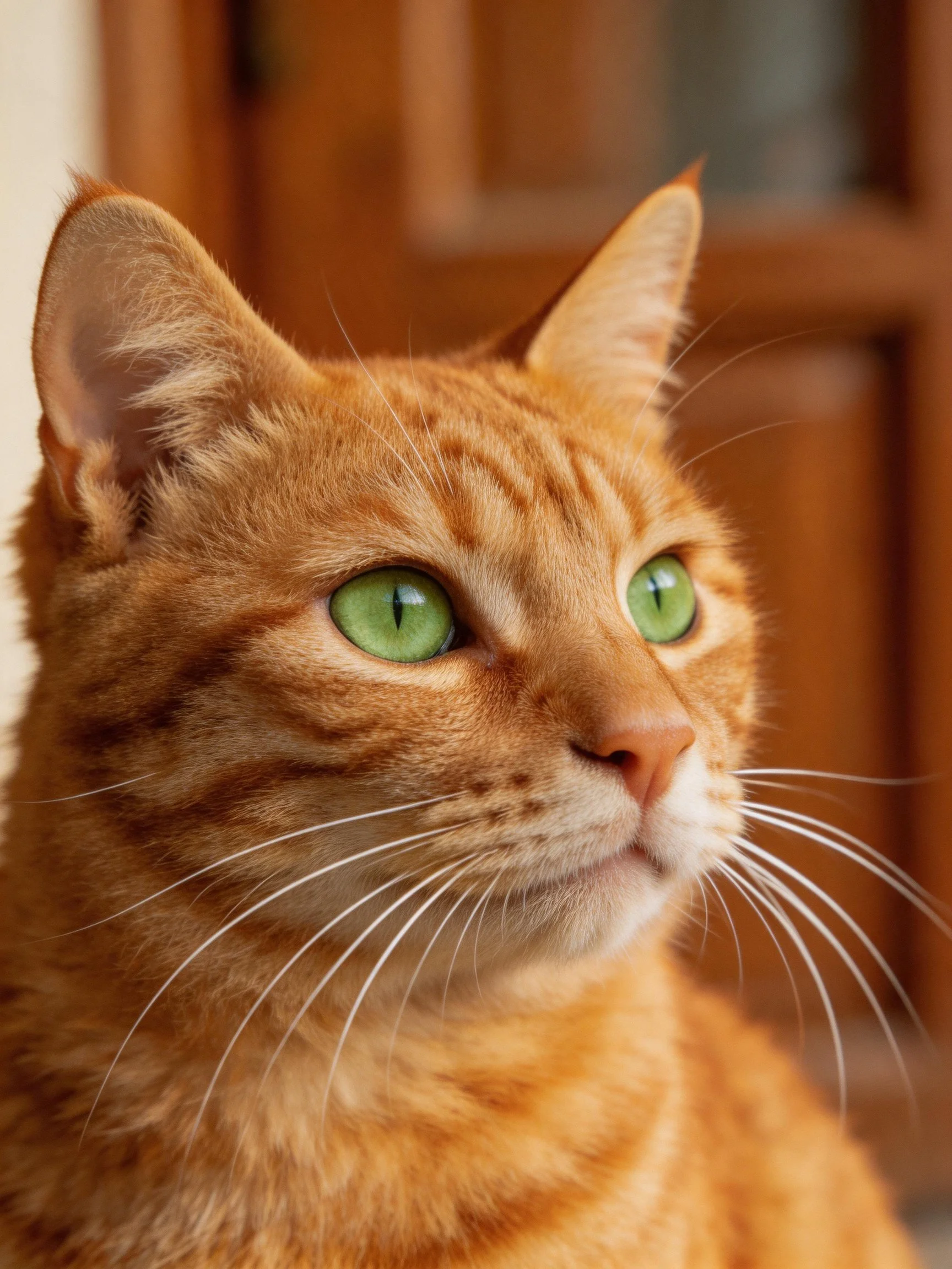 An orange tabby cat gazes attentively with bright green eyes