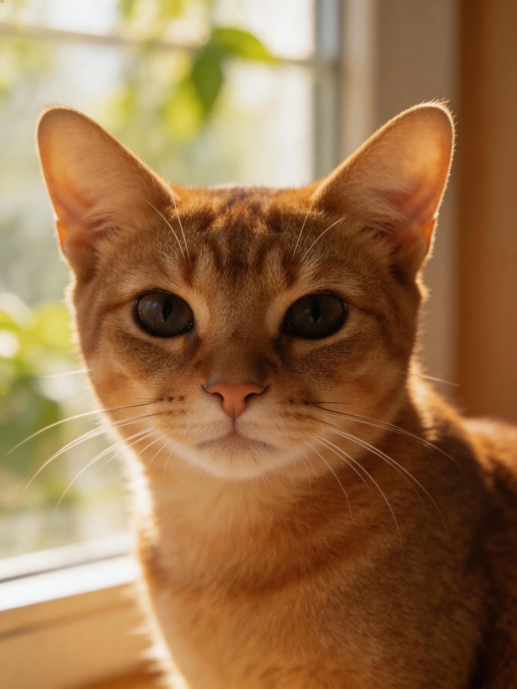 An orange tabby cat looks toward the camera near a sunlit window.