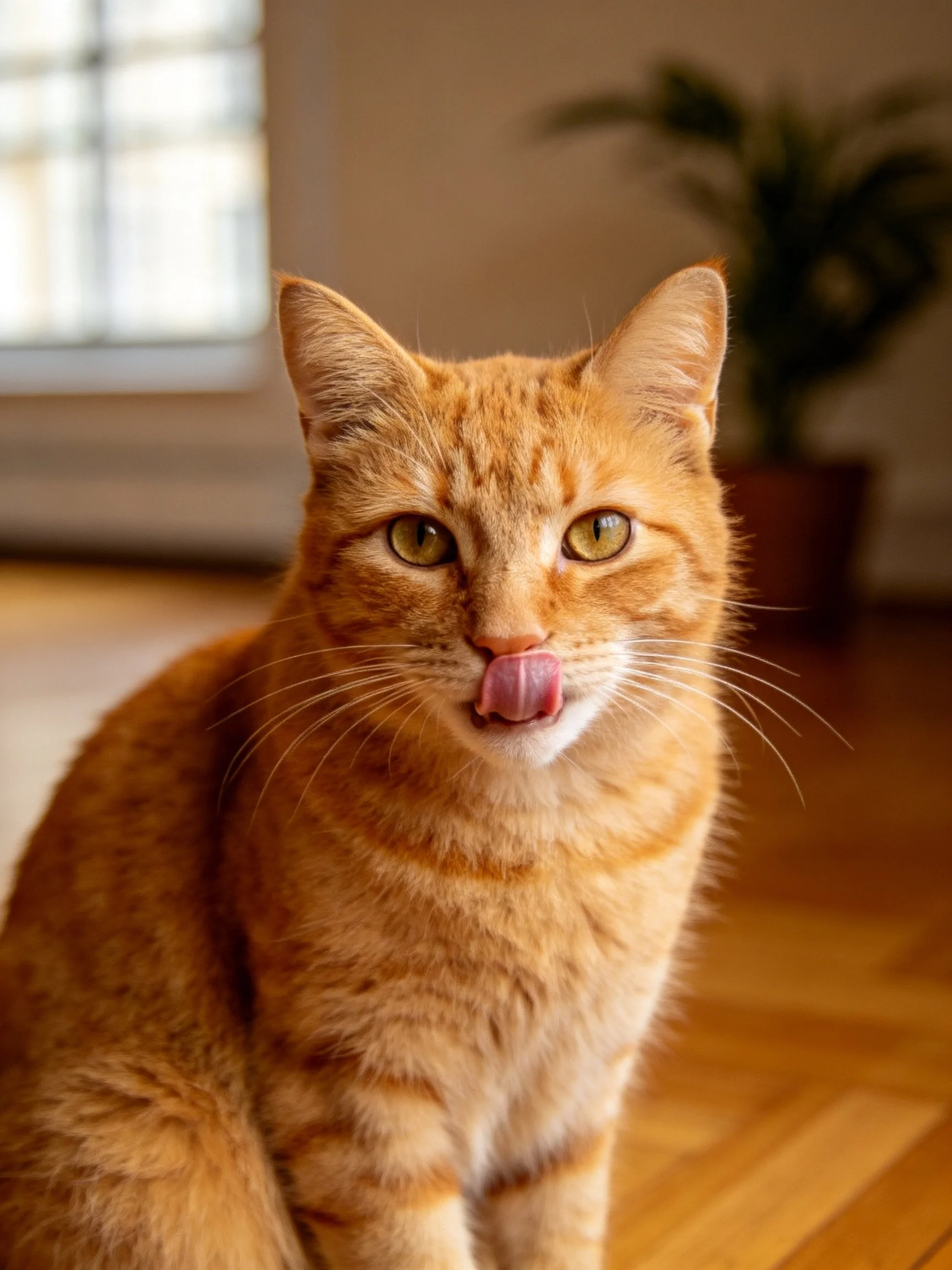 A close - up of an orange tabby cat licking indoors