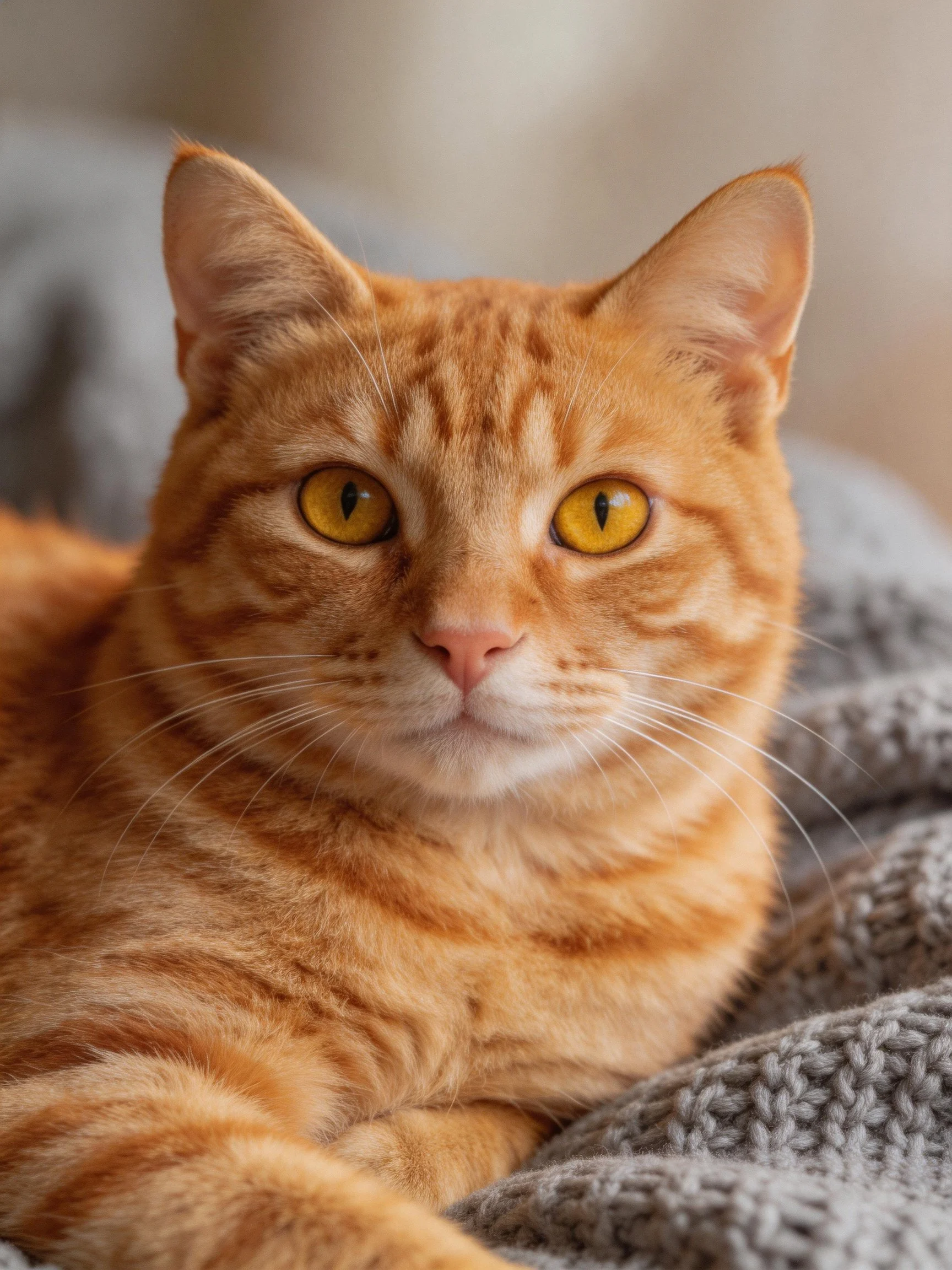 An orange tabby cat rests calmly on a gray blanket.