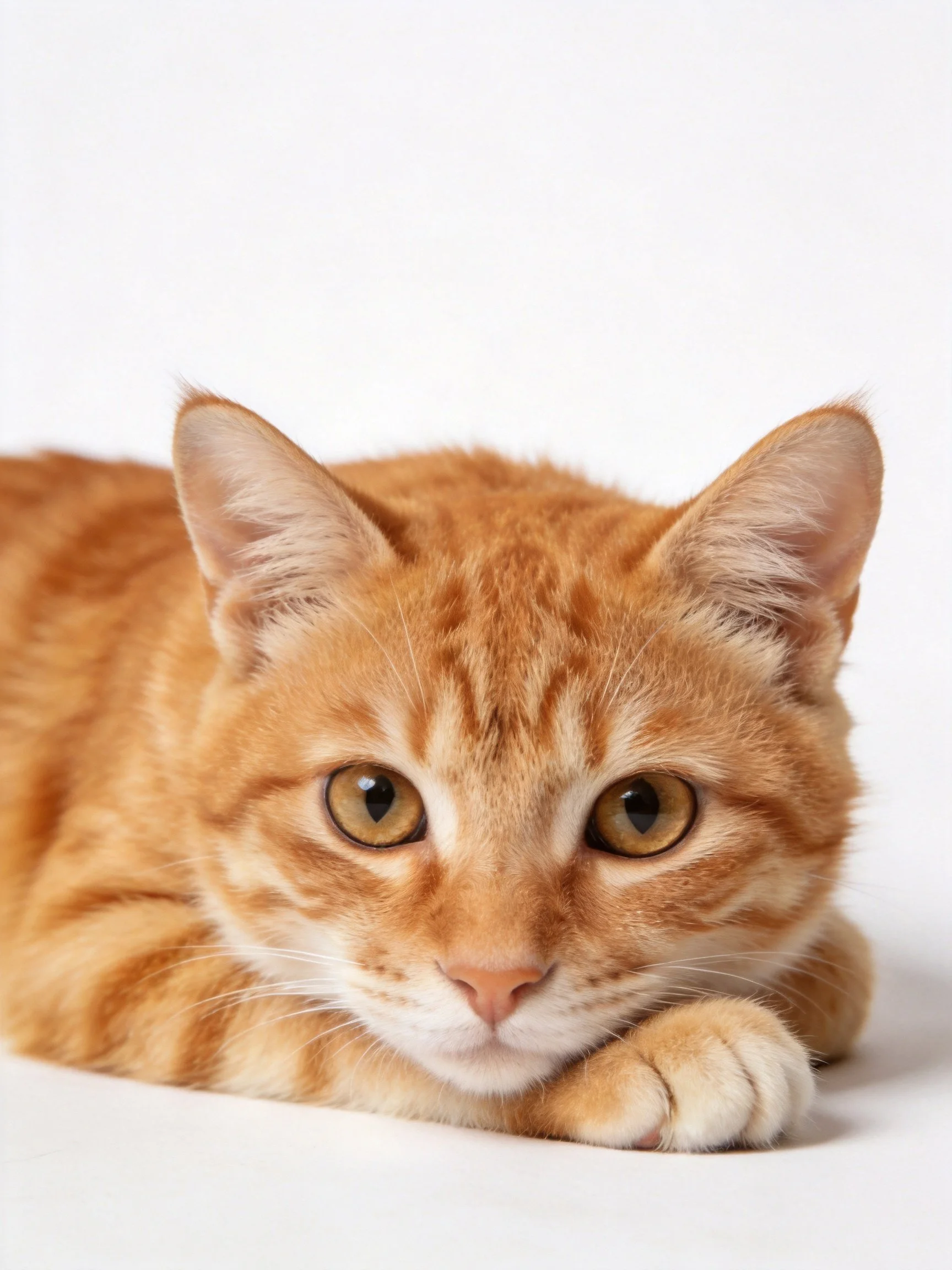 An orange tabby cat rests calmly on a white surface