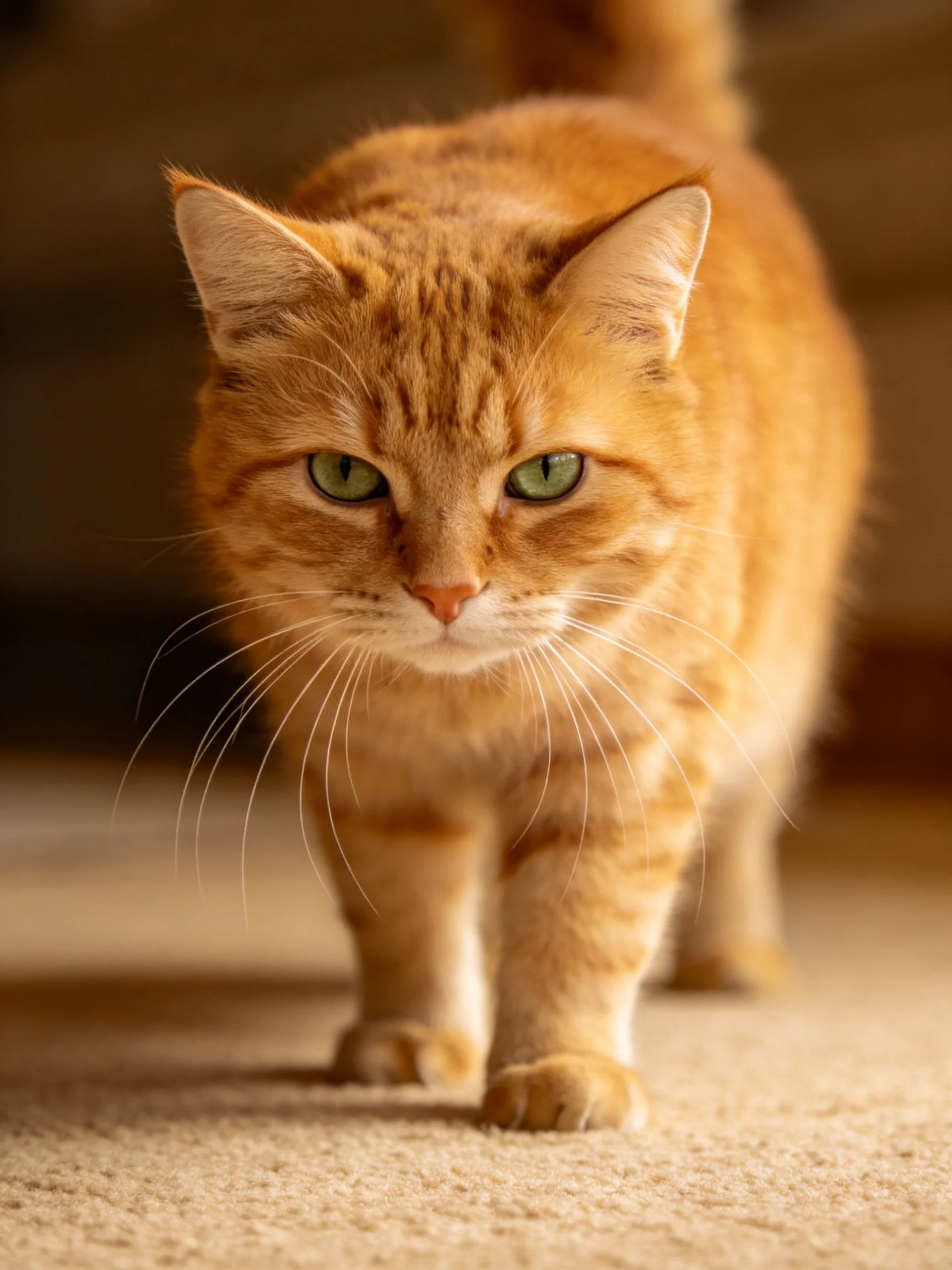 A close - up of an orange tabby cat walking on carpet