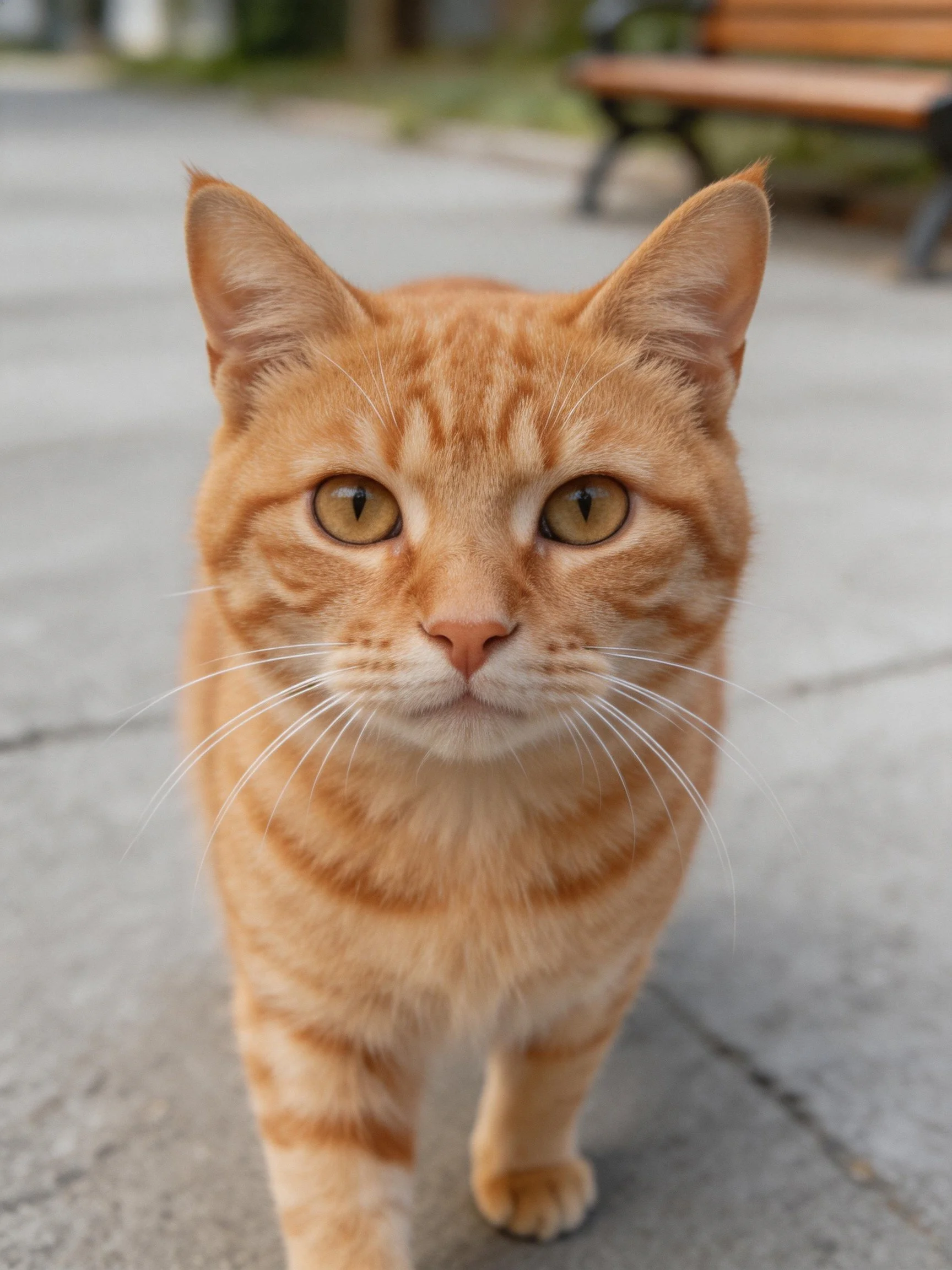 An orange tabby cat walks toward the camera on a paved surface.