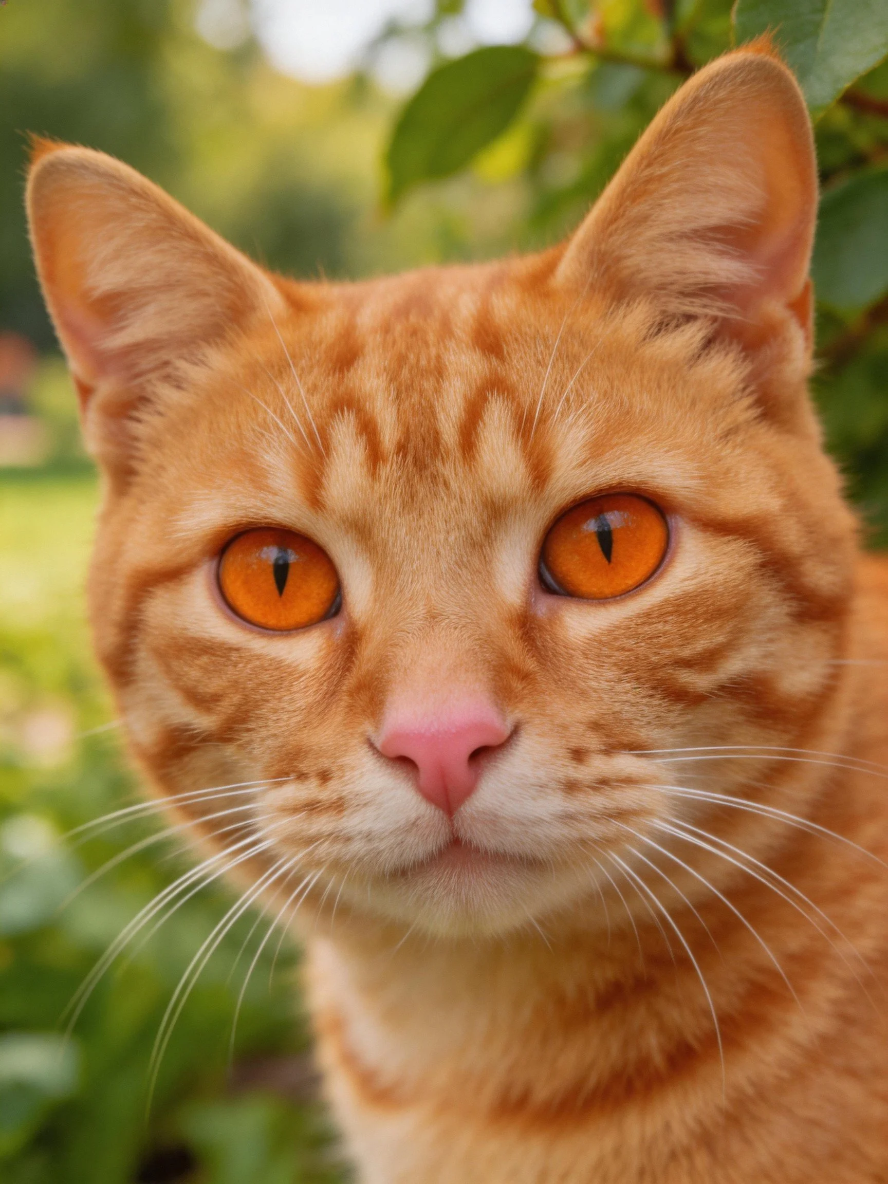An orange tabby cat with amber eyes is photographed up close near greenery.