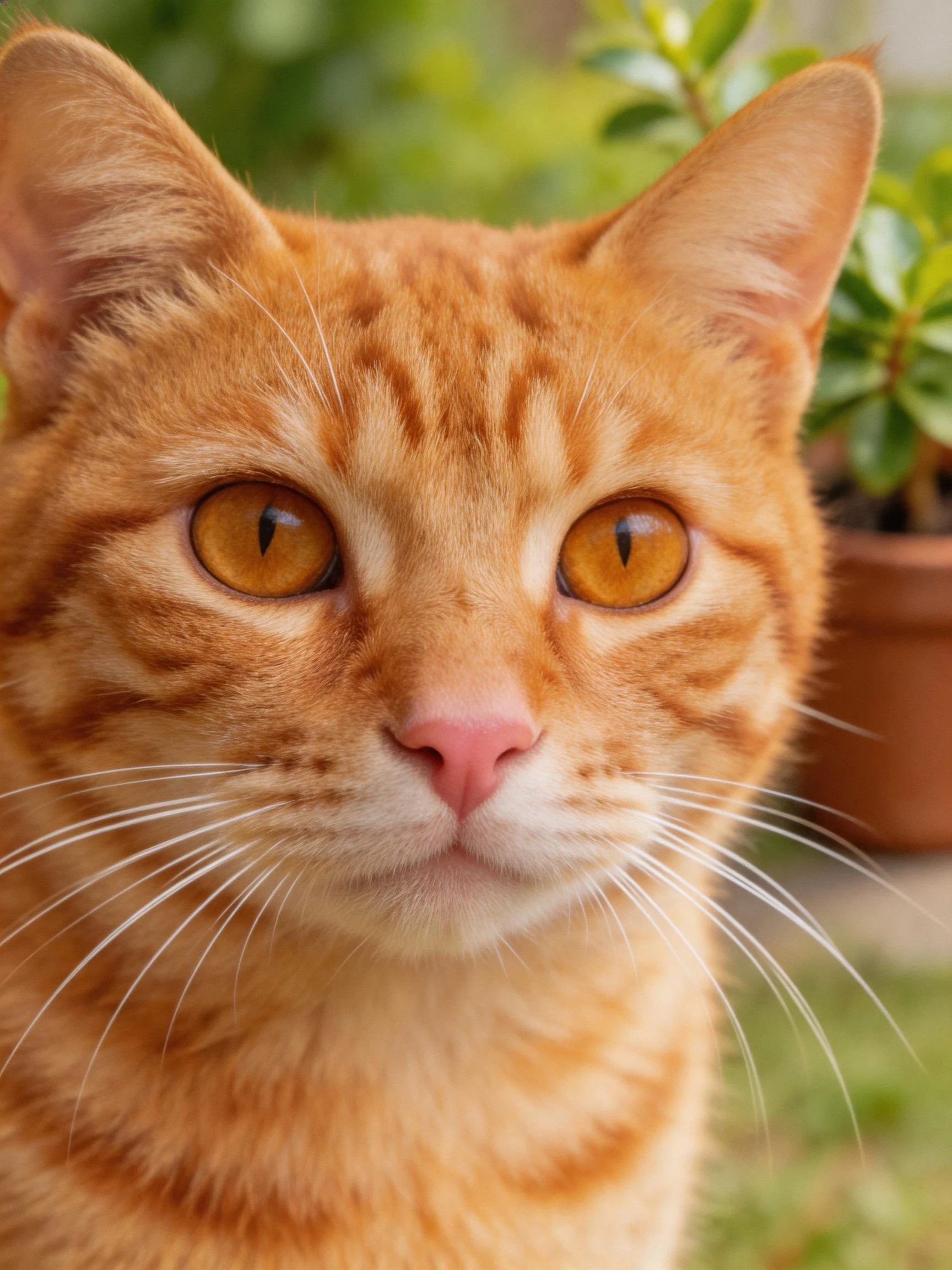 An orange tabby cat looks directly at the camera near greenery.
