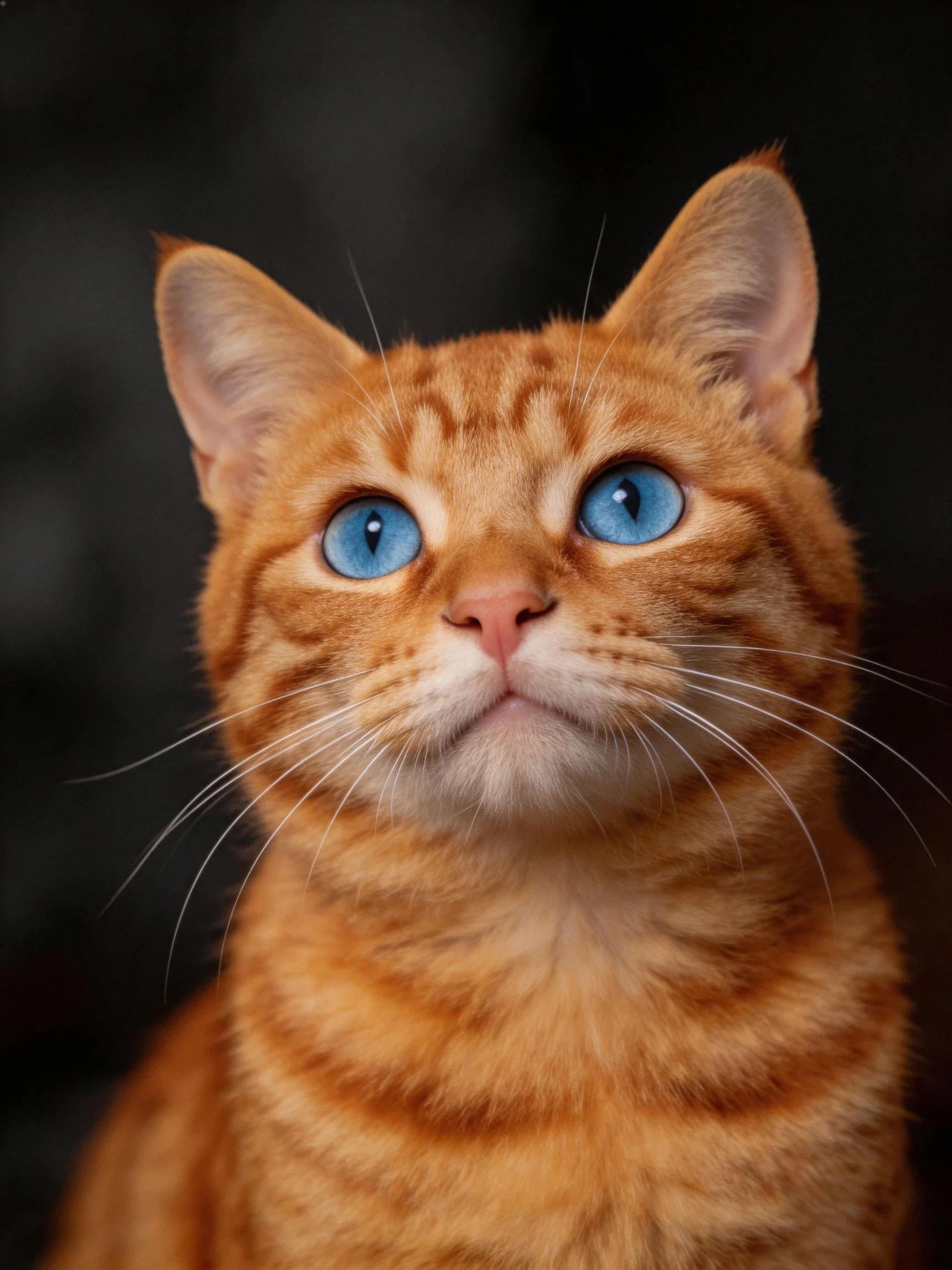 An orange tabby cat with blue eyes gazes upward against a dark backdrop.