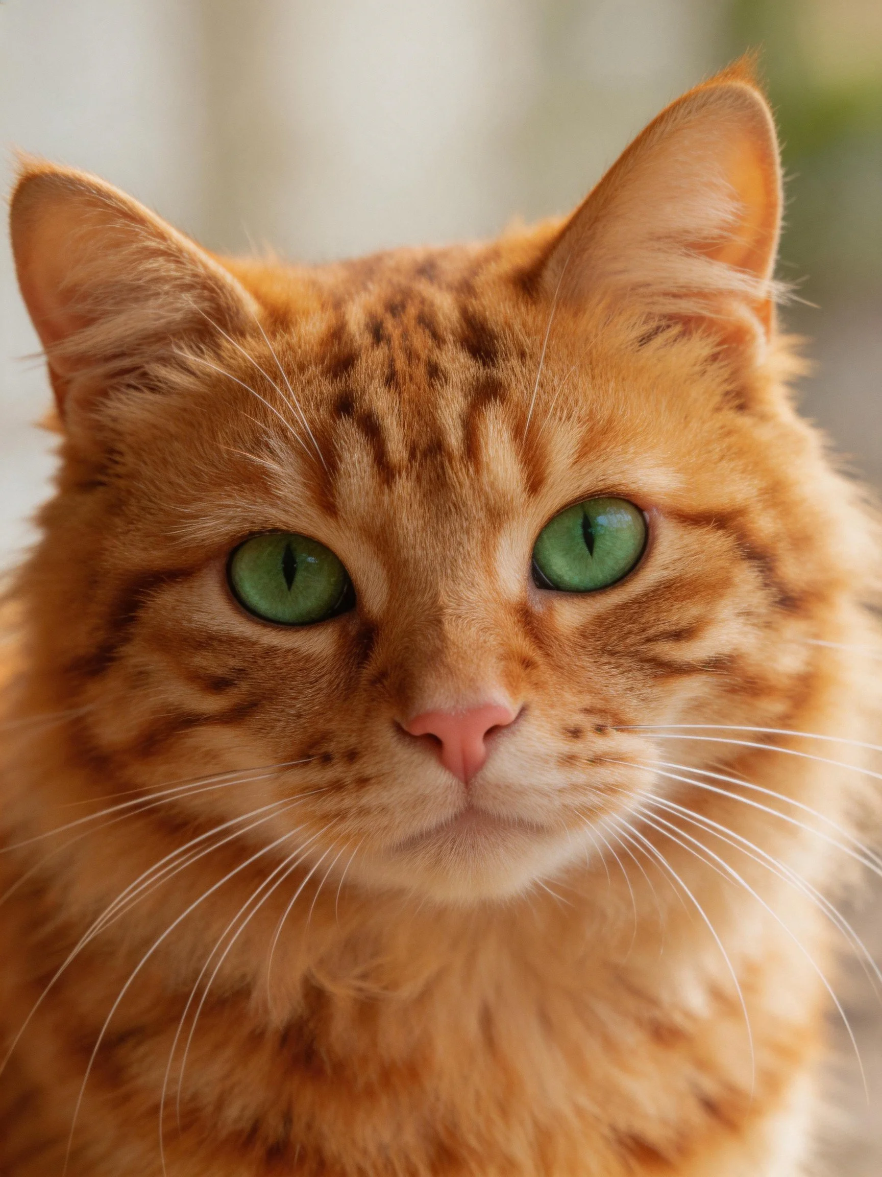 A close-up shows an orange tabby cat with striking green eyes.