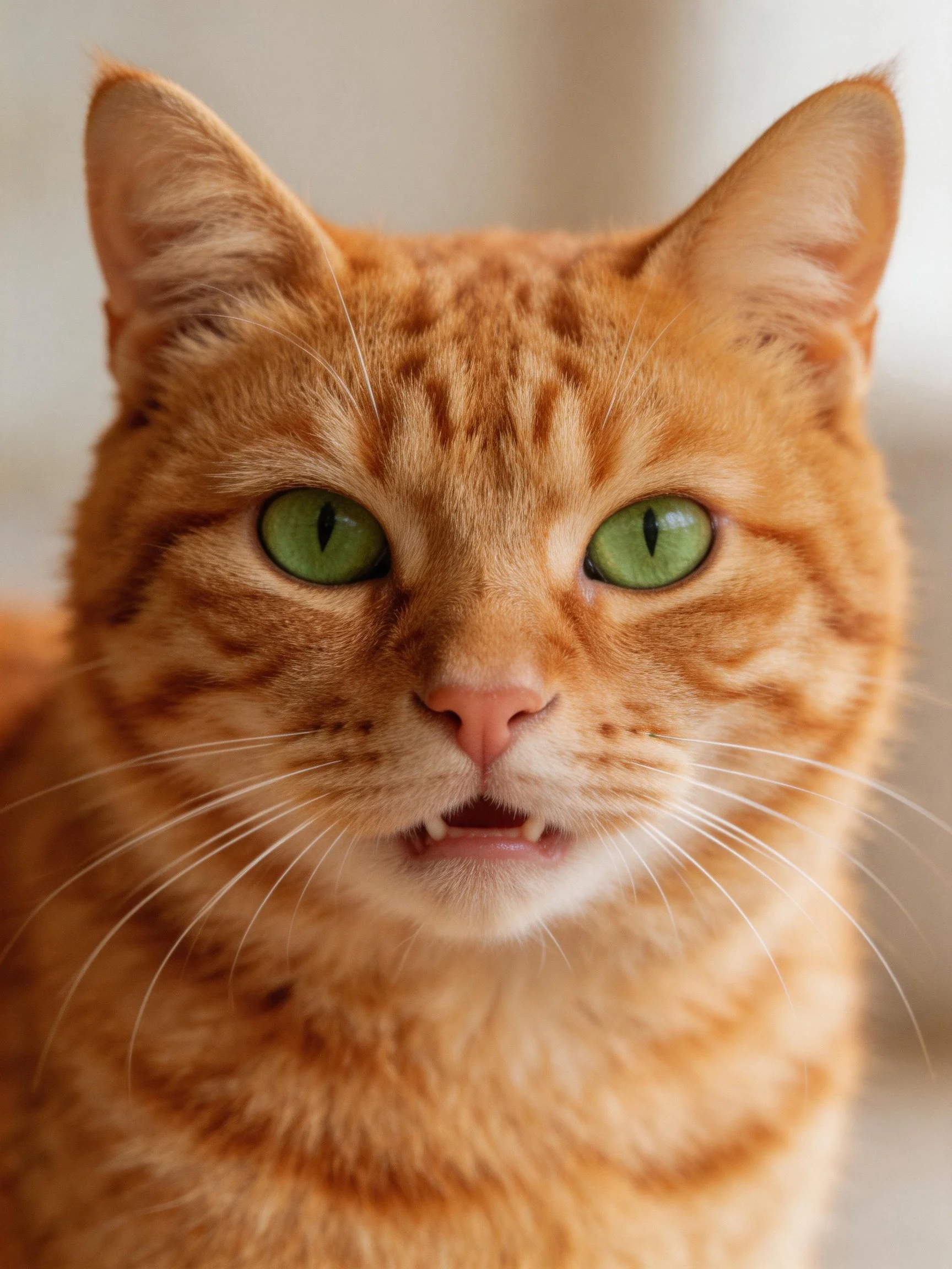 An orange tabby cat with green eyes is featured in a close - up photograph.