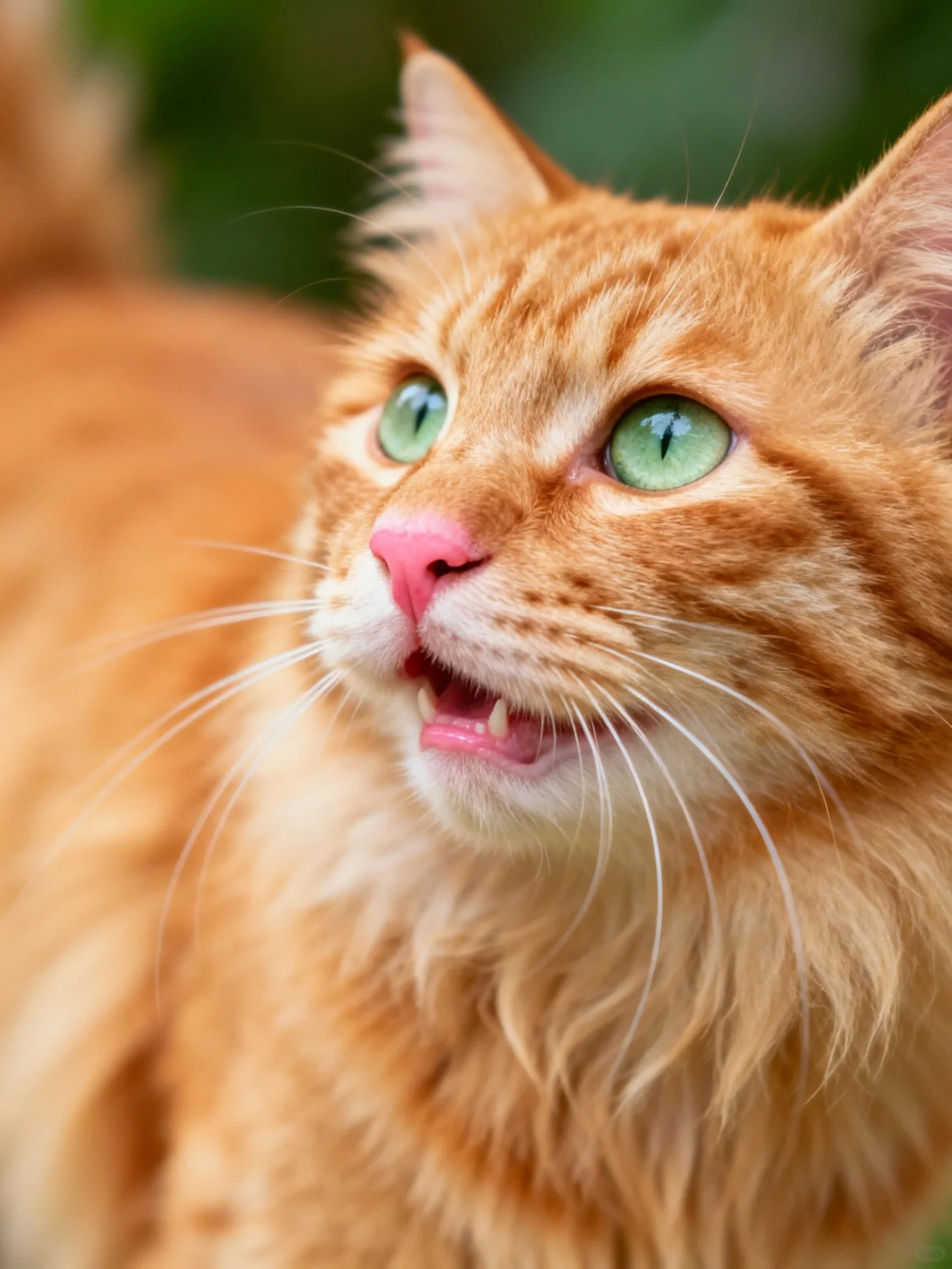An orange tabby cat with bright green eyes is featured in a close - up photograph.