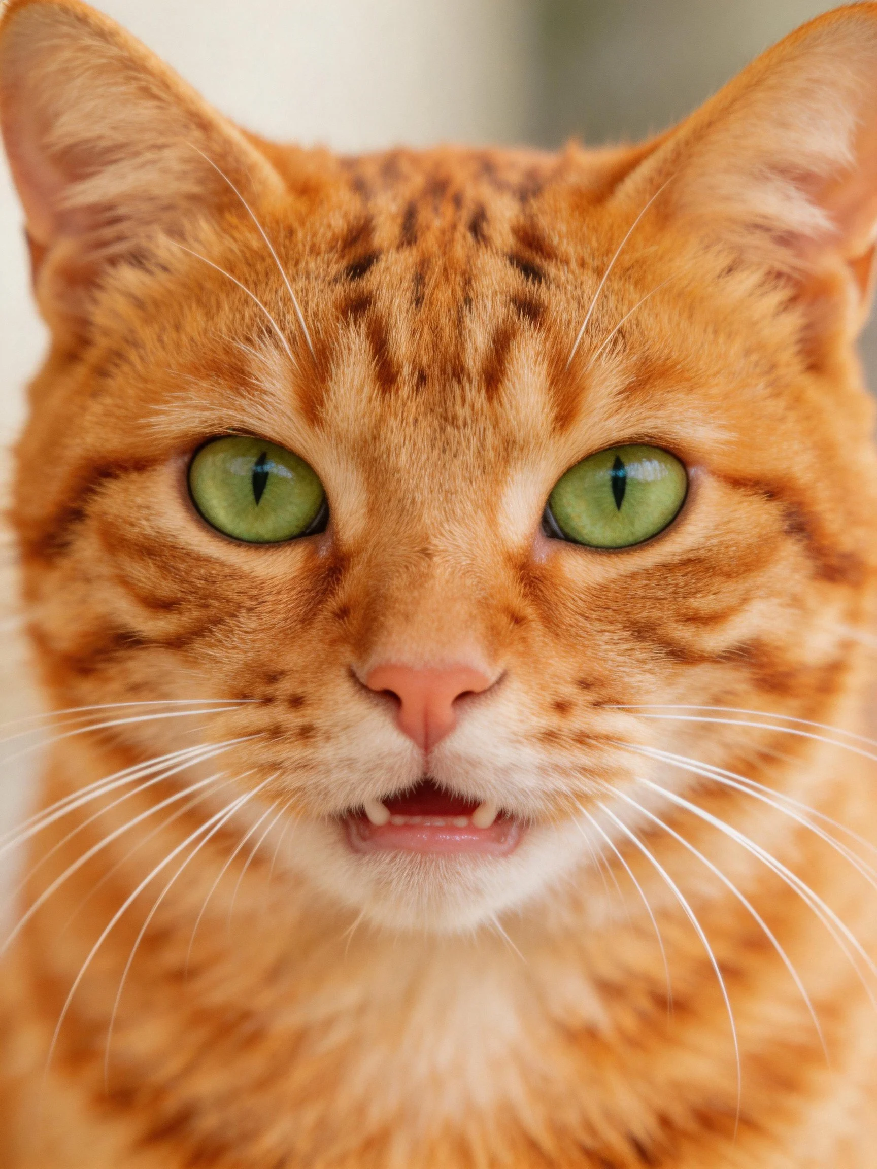 An orange tabby cat with bright green eyes is shown in a close - up.