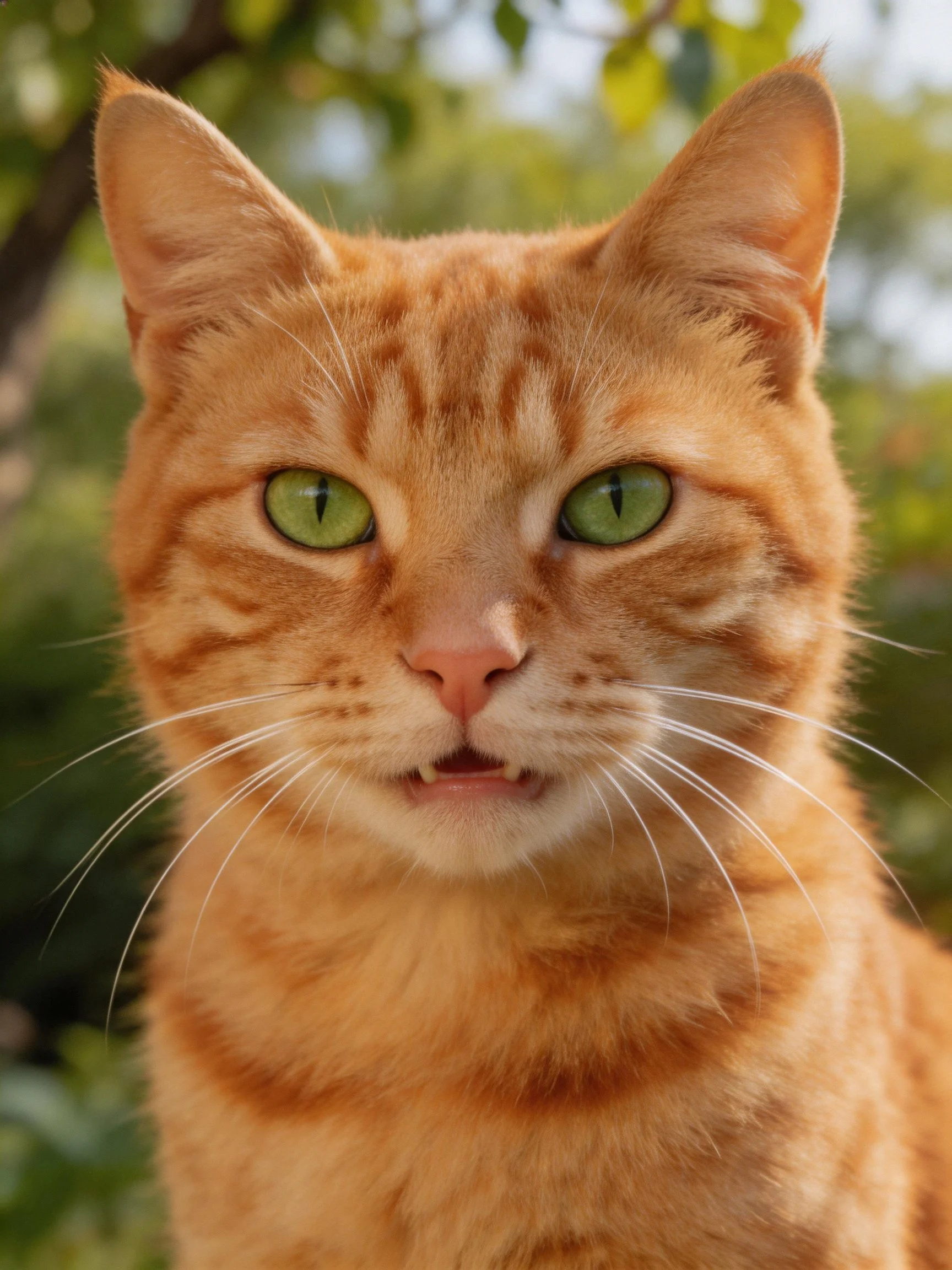 An orange tabby cat with green eyes is photographed closely outdoors.