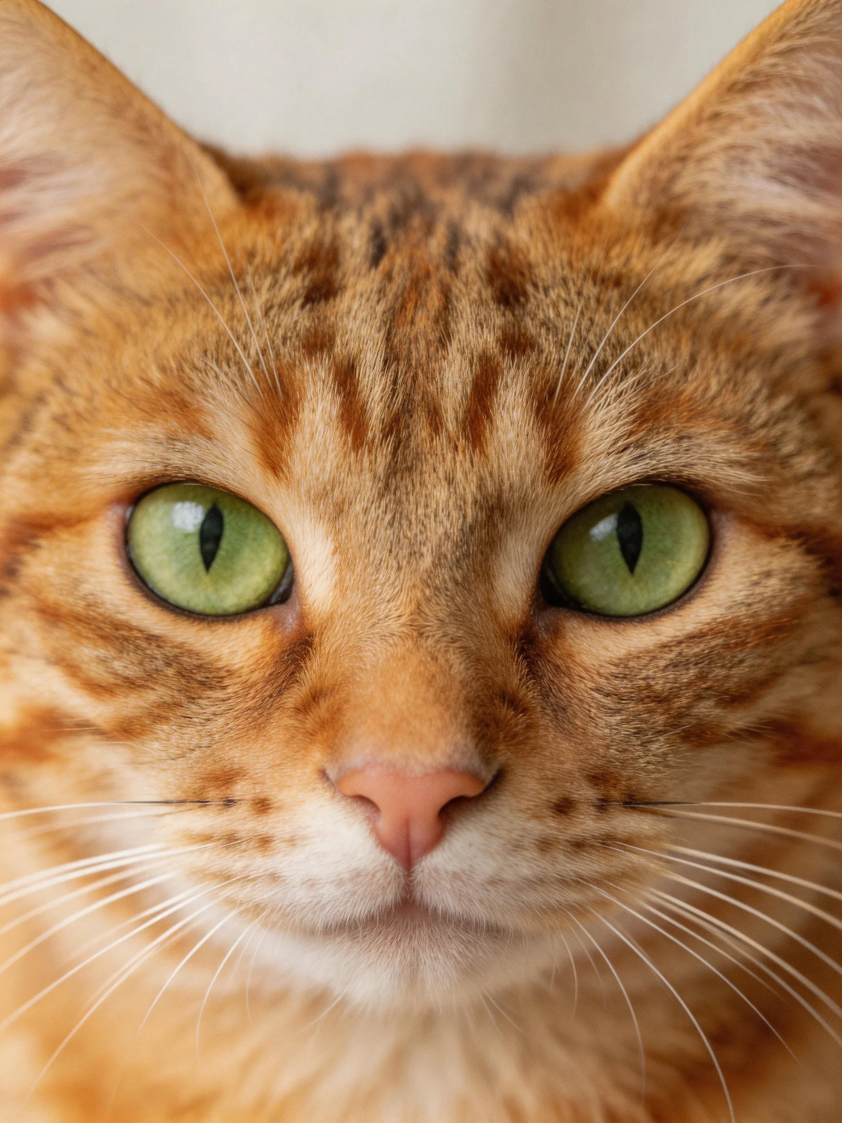 A close - up shows an orange tabby cat with vivid green eyes.