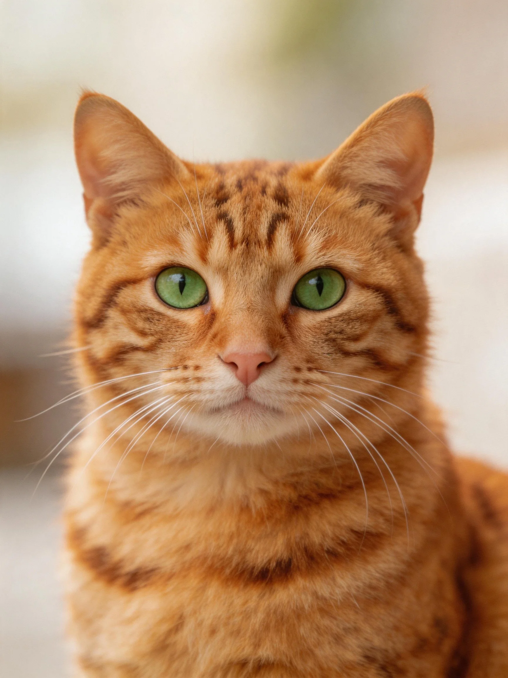 An orange tabby cat with vivid green eyes is shown in a close - up photograph.