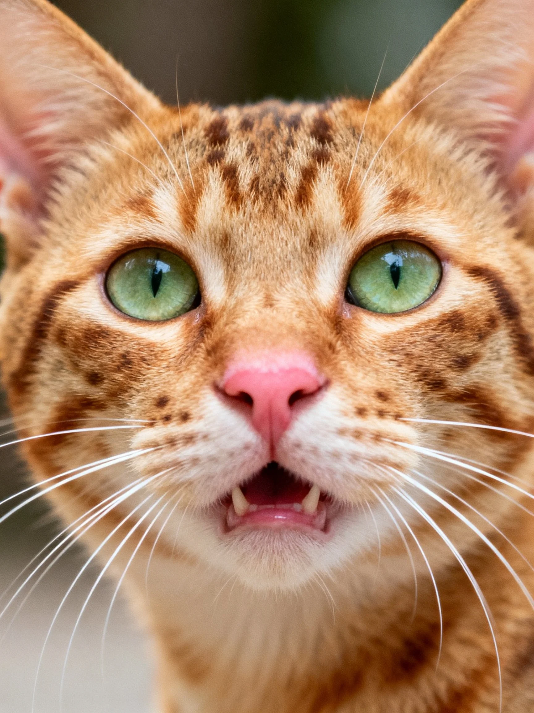 An orange tabby cat with bright green eyes is shown in close - up.