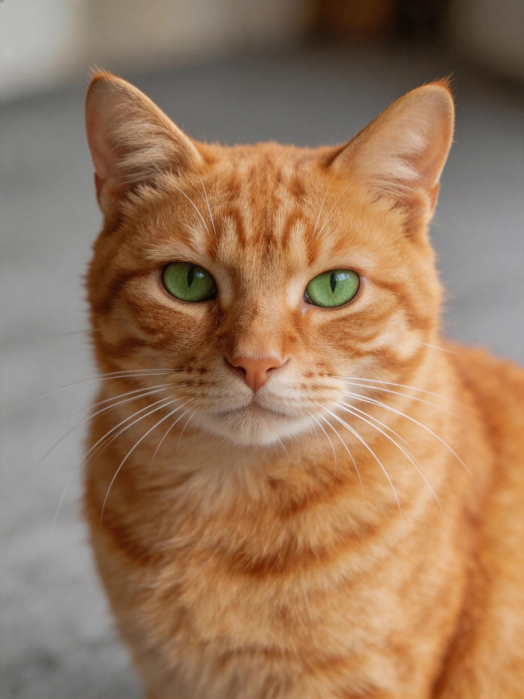 An orange tabby cat with vivid green eyes is photographed closely.
