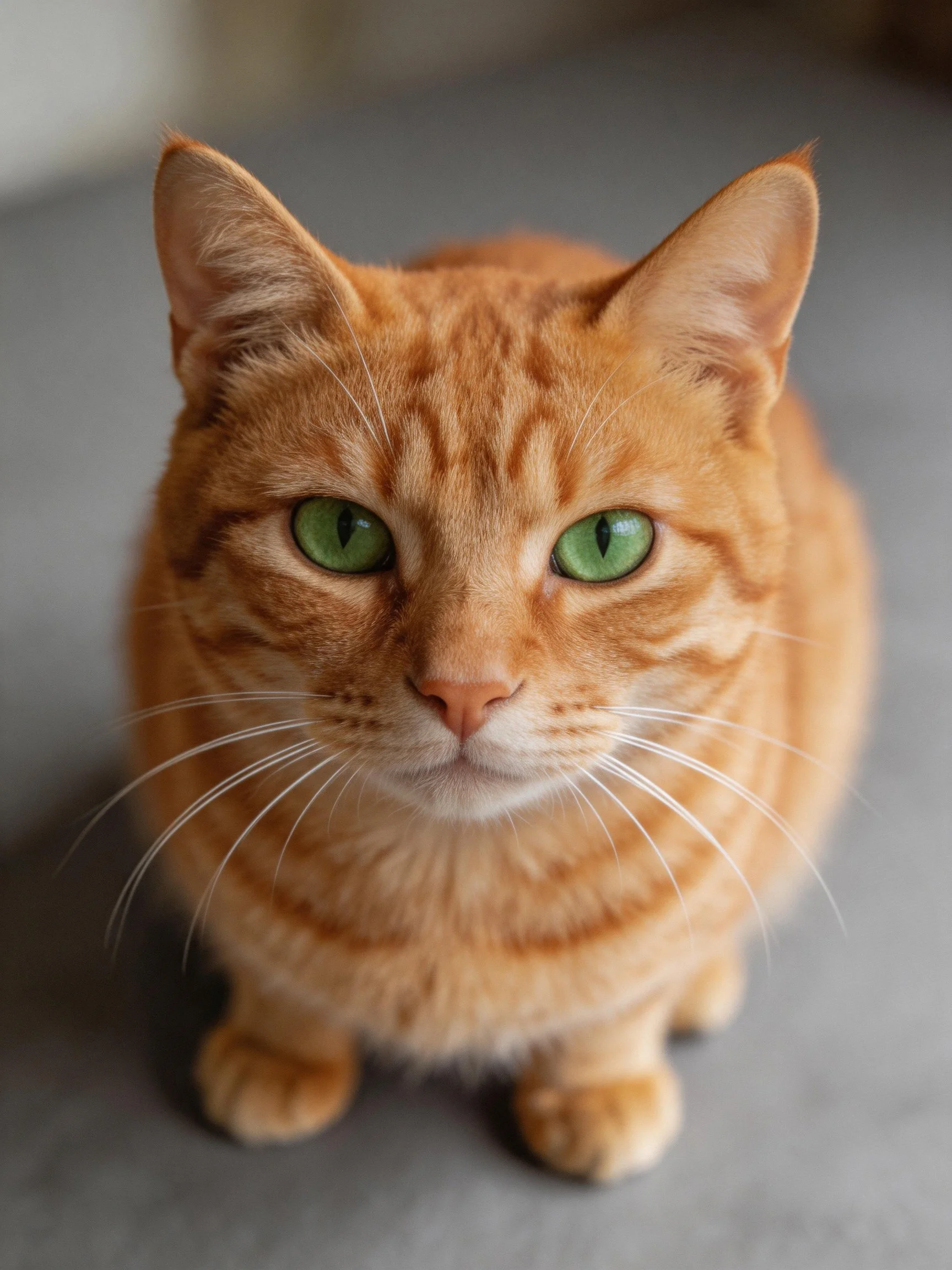 An orange tabby cat with bright green eyes is captured in a close - up photograph.