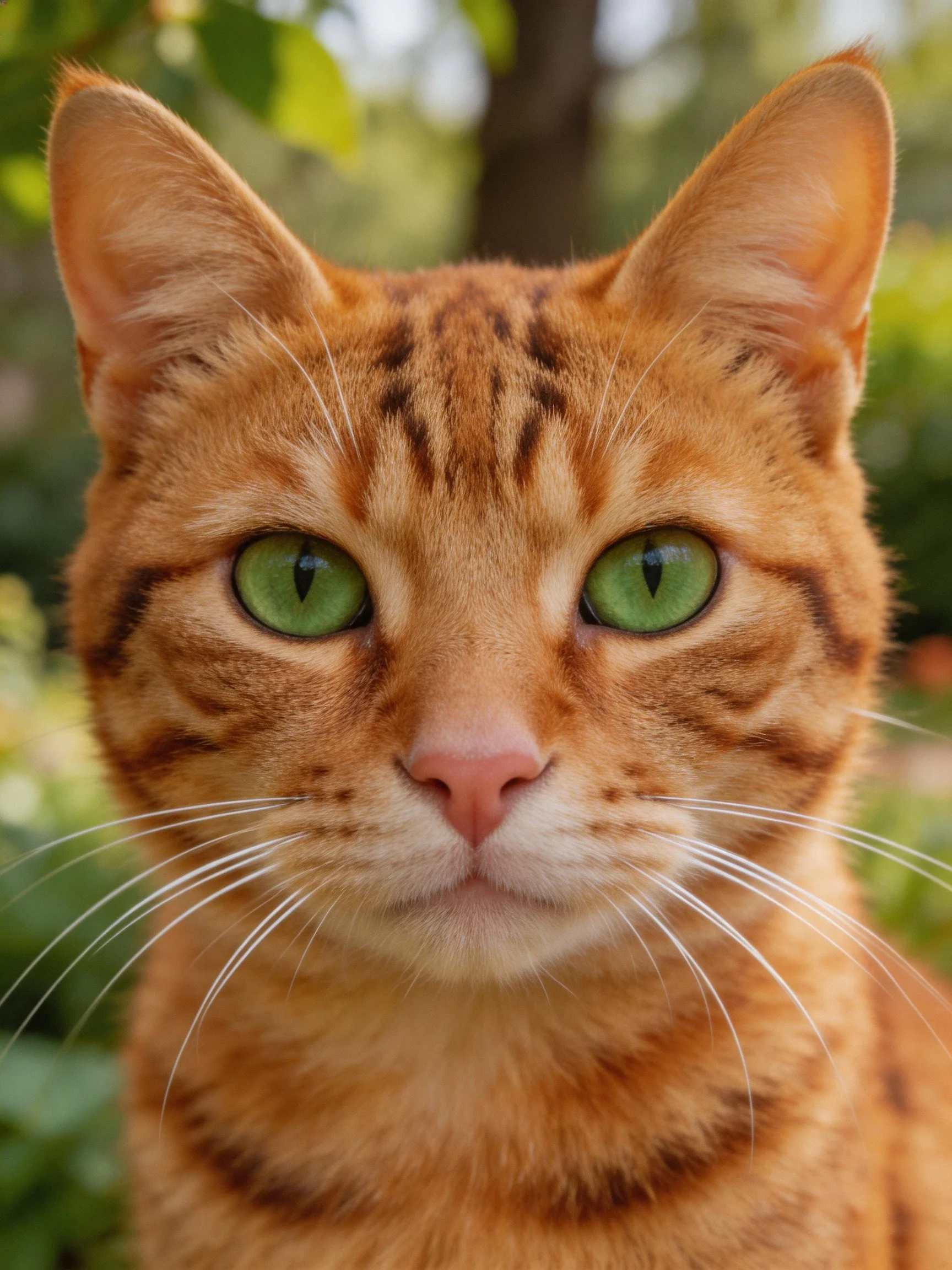 An orange tabby cat with bright green eyes is shown up close.