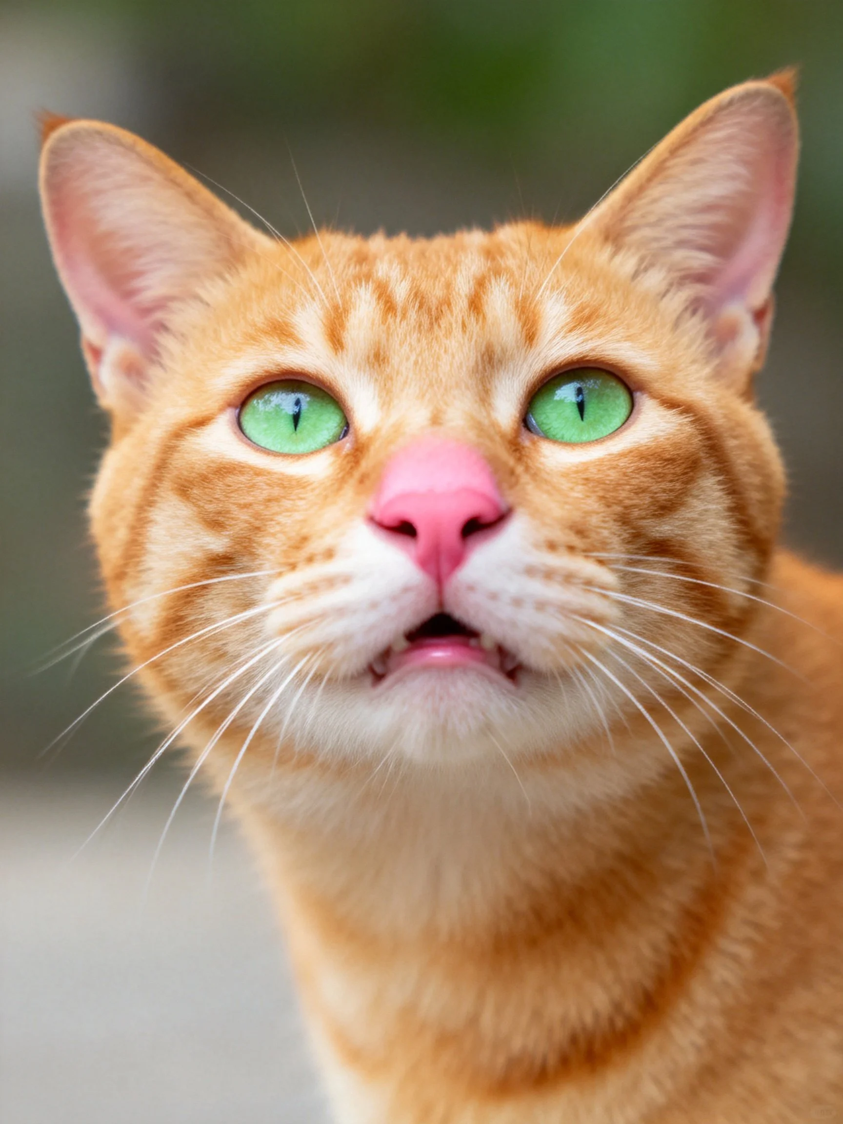 An orange tabby cat with bright green eyes is shown in a close - up photograph.