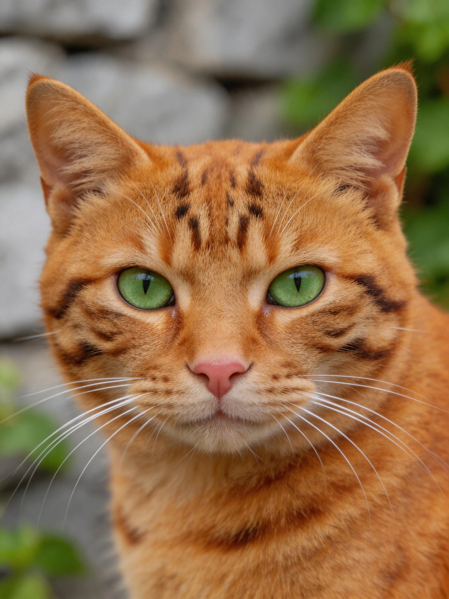 An orange tabby cat with bright green eyes is shown up close.