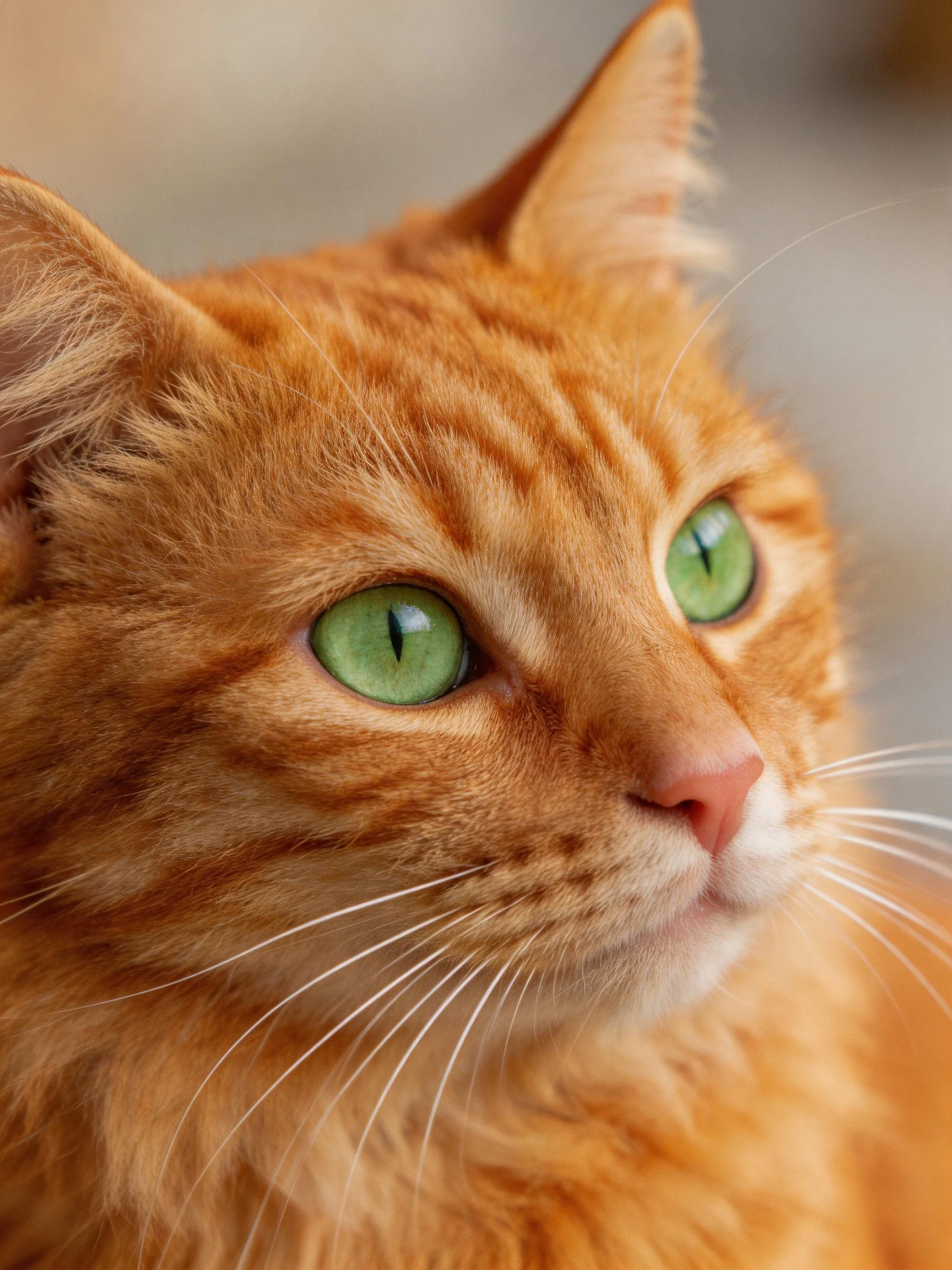 A close-up highlights an orange tabby cat with vivid green eyes.