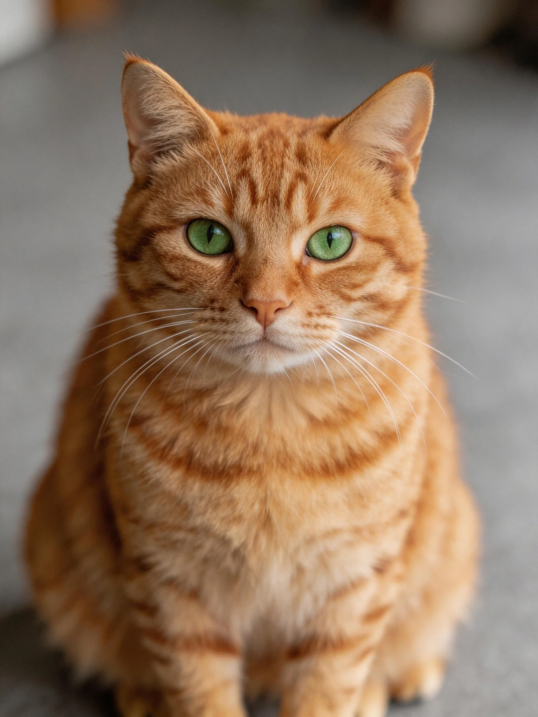 An orange tabby cat with green eyes sits calmly against a blurred background.