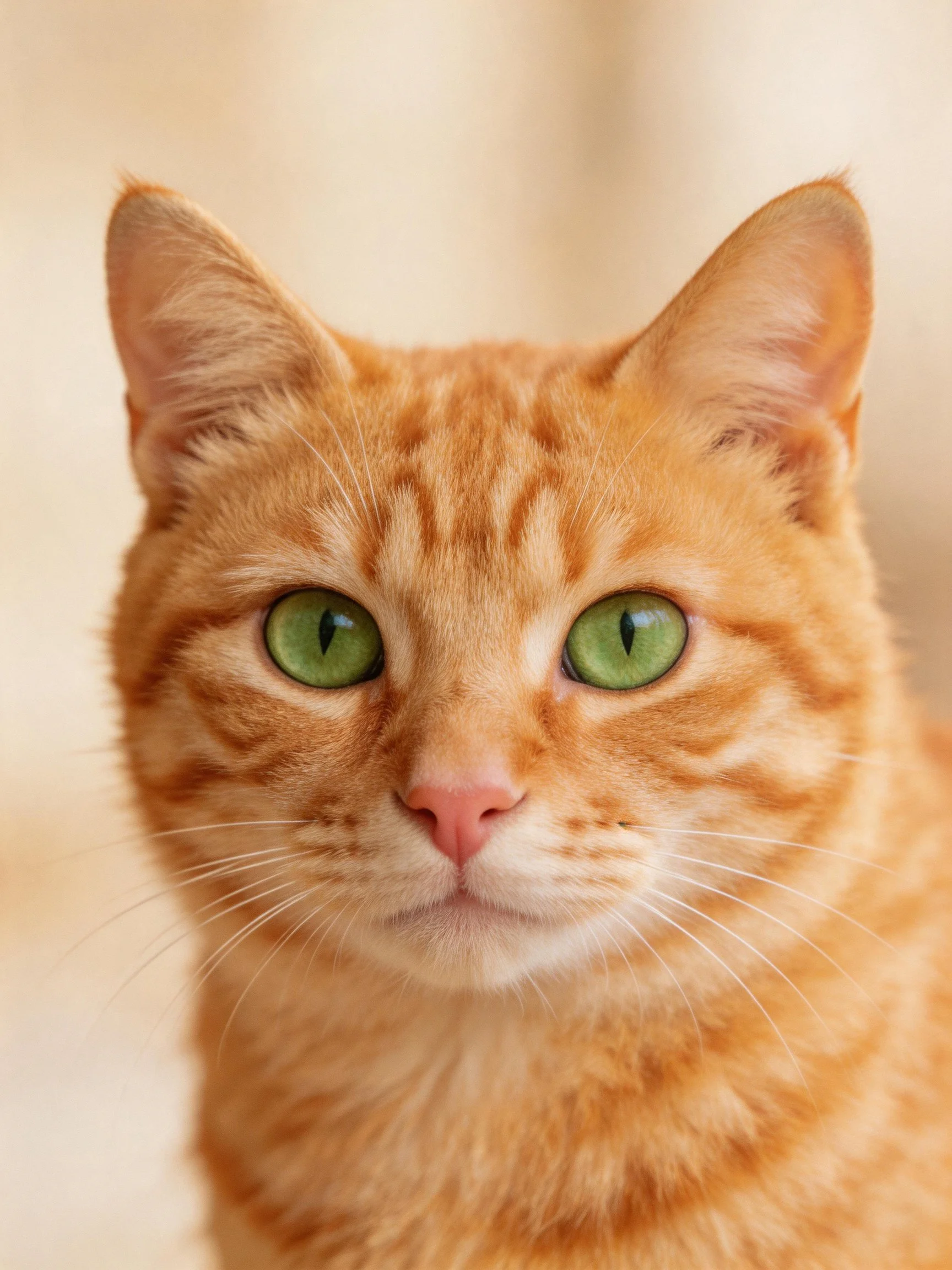 An orange tabby cat with bright green eyes is shown in a close-up photograph.