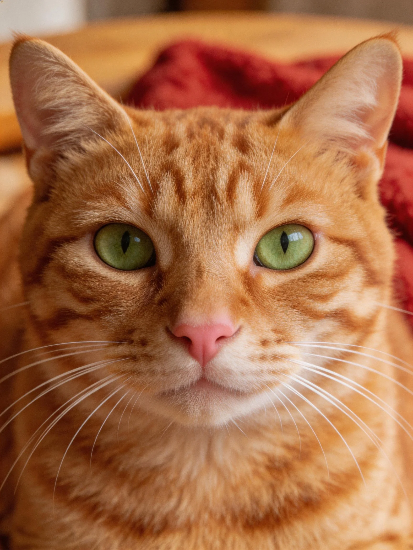 An orange tabby cat with green eyes is shown in a close - up.