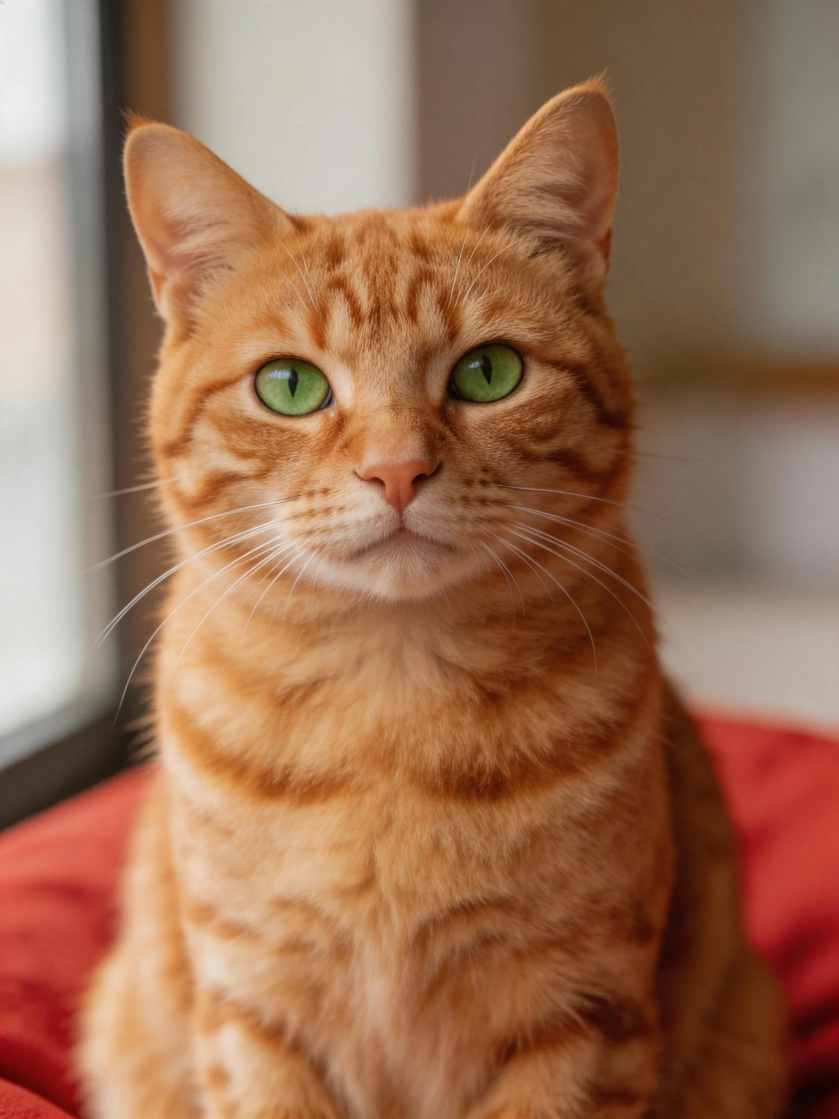 An orange tabby cat with green eyes sits on a red cushion near a window.
