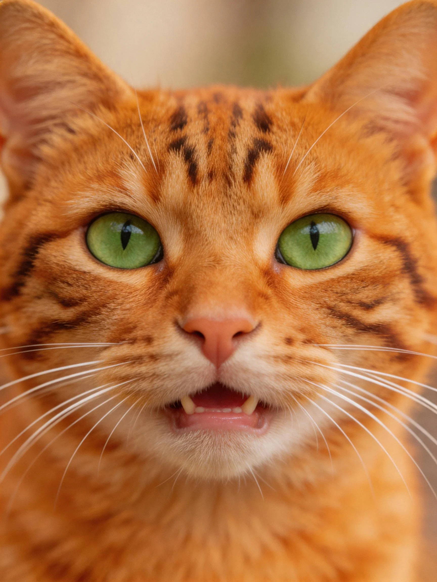 An orange tabby cat with bright green eyes is photographed closely.