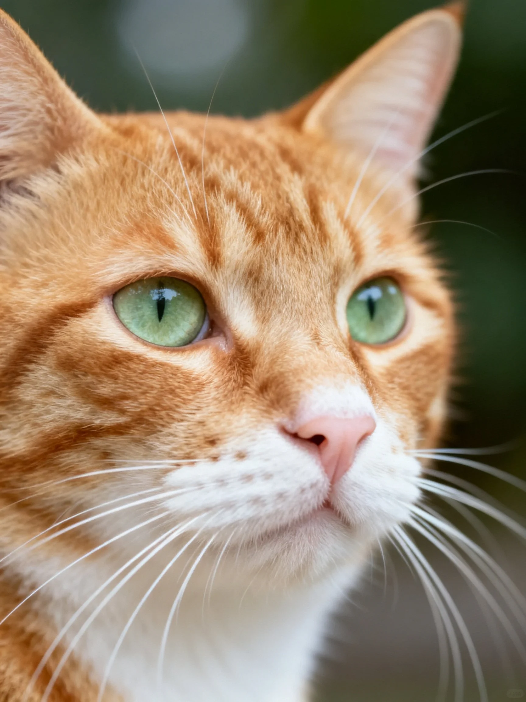 A close-up shows an orange tabby cat with striking green eyes.