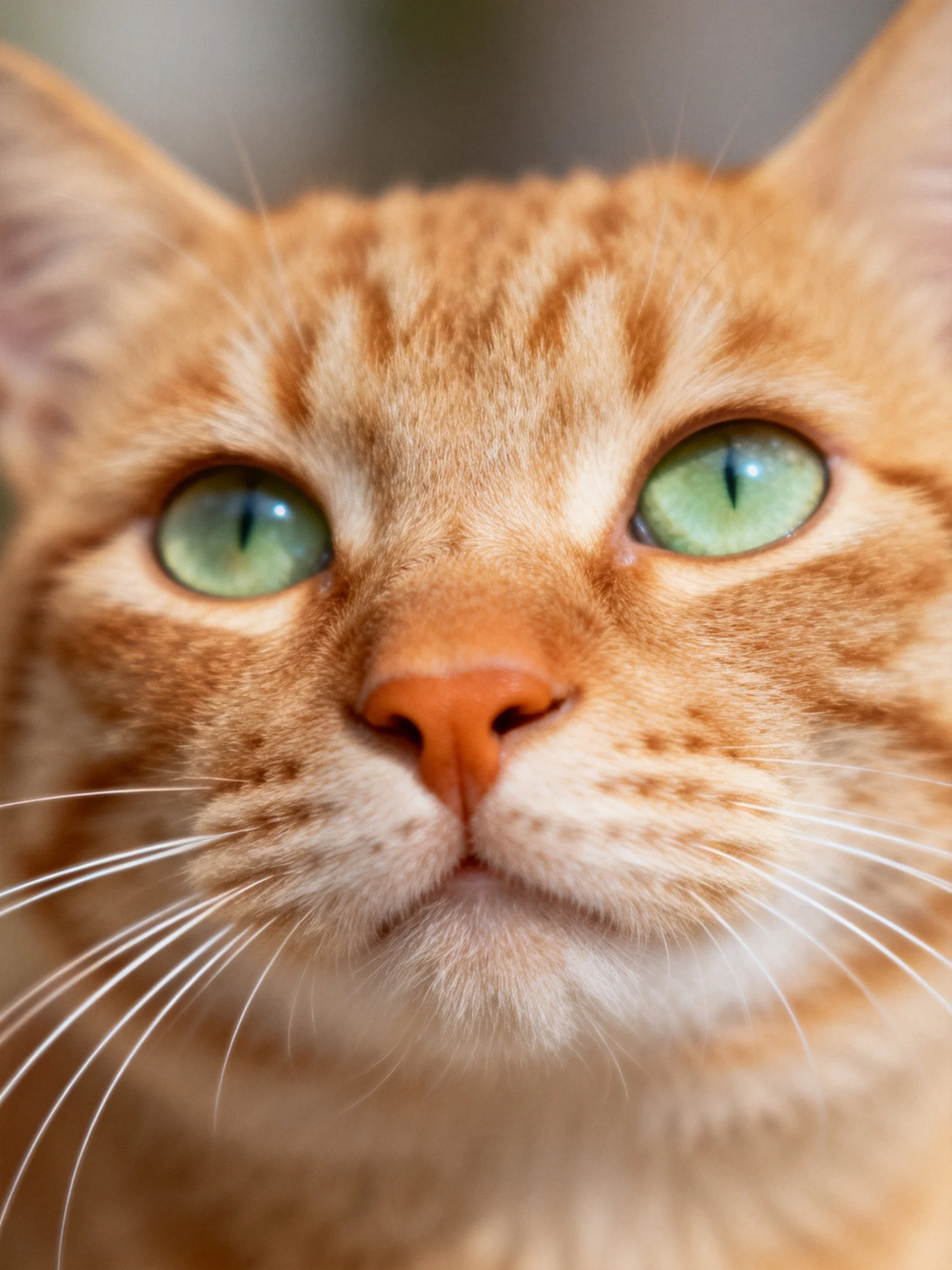 A close-up of an orange tabby cat with green eyes highlights its facial features.
