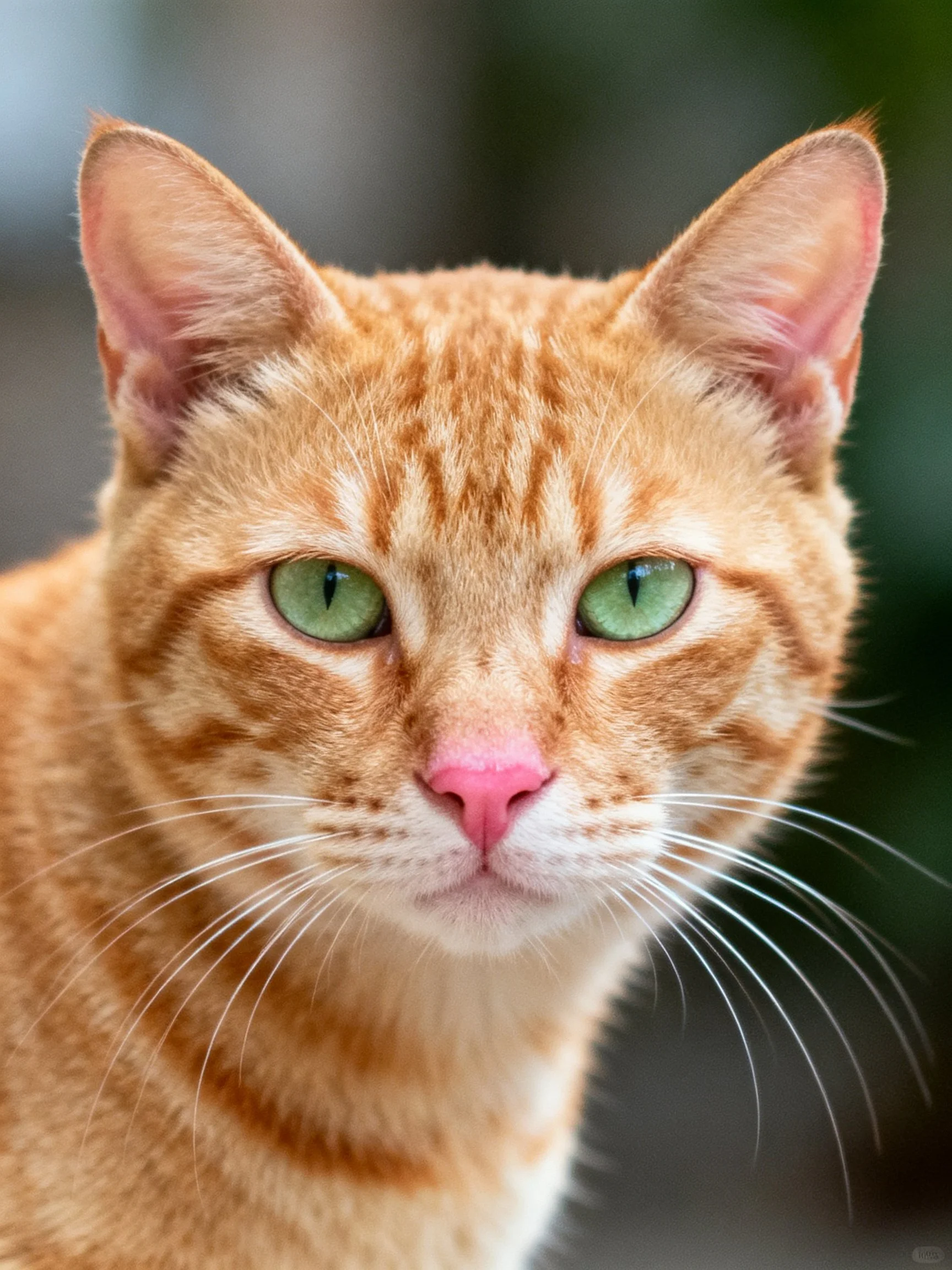 An orange tabby cat with bright green eyes is shown in a close - up photograph.