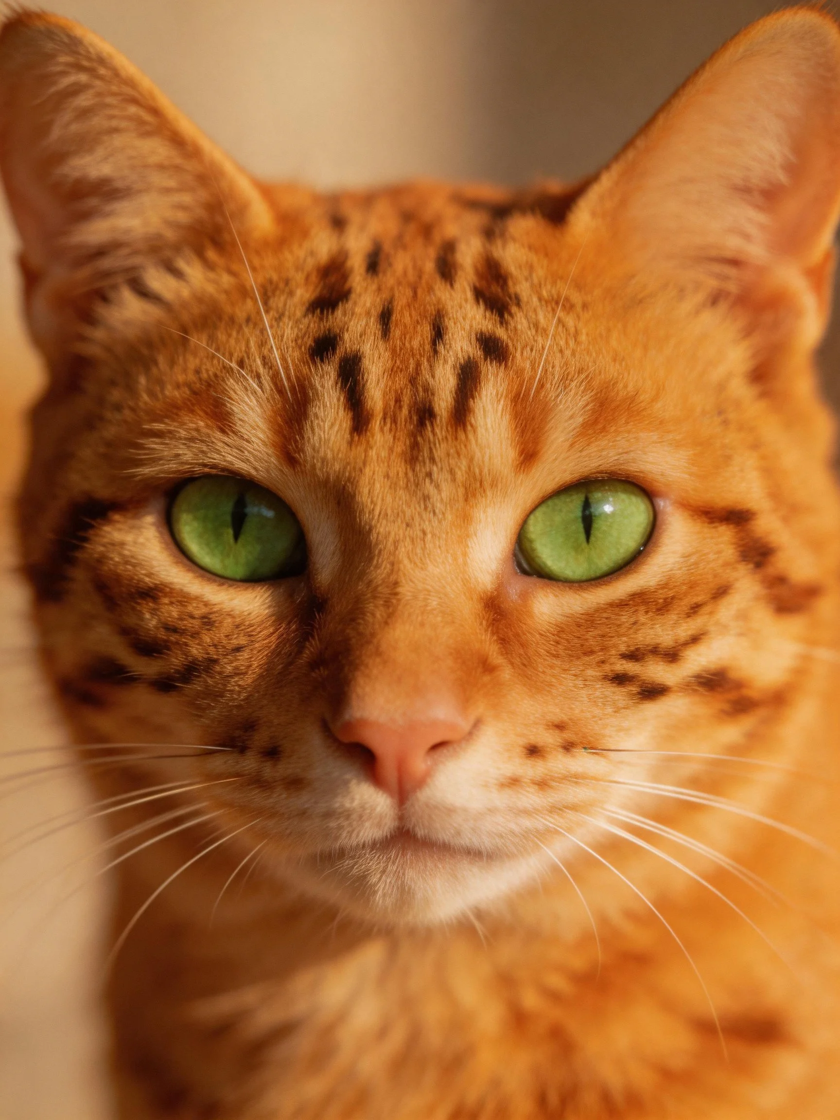 An orange tabby cat with green eyes is photographed closely.
