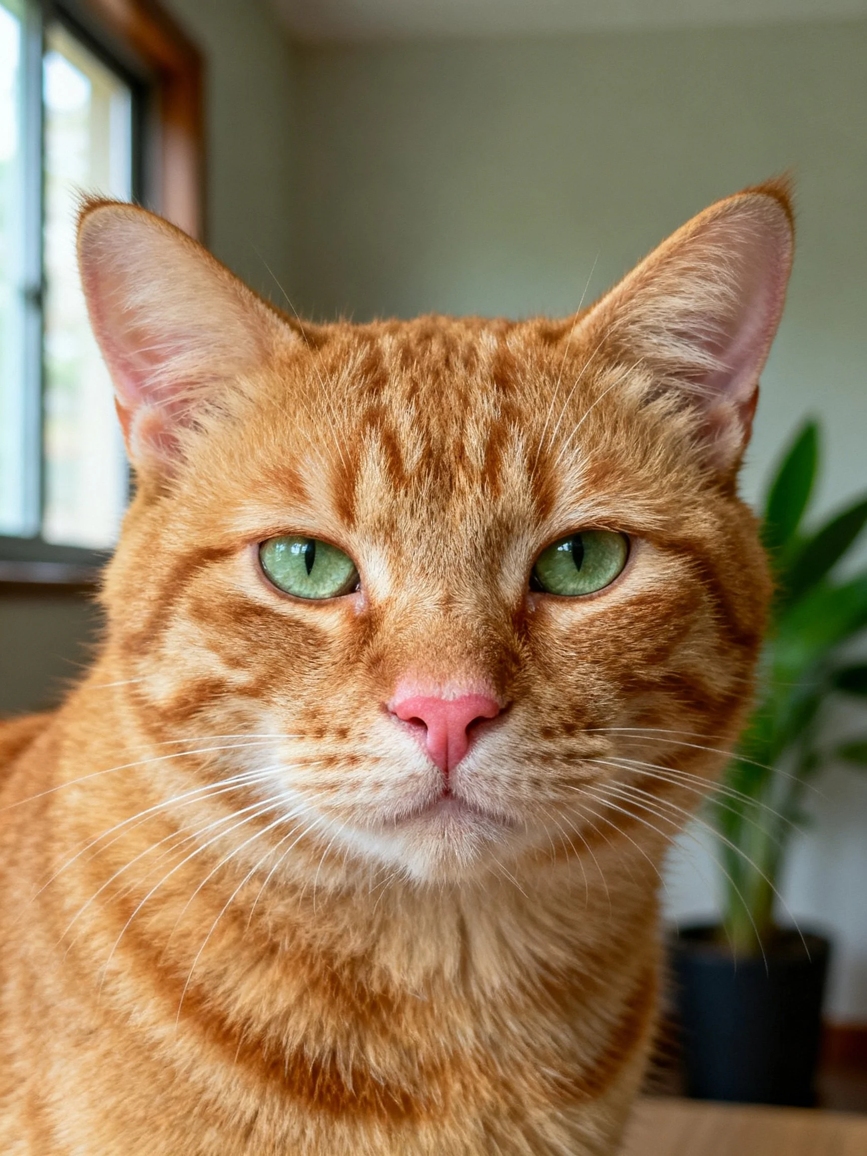 An orange tabby cat with green eyes is photographed closely.