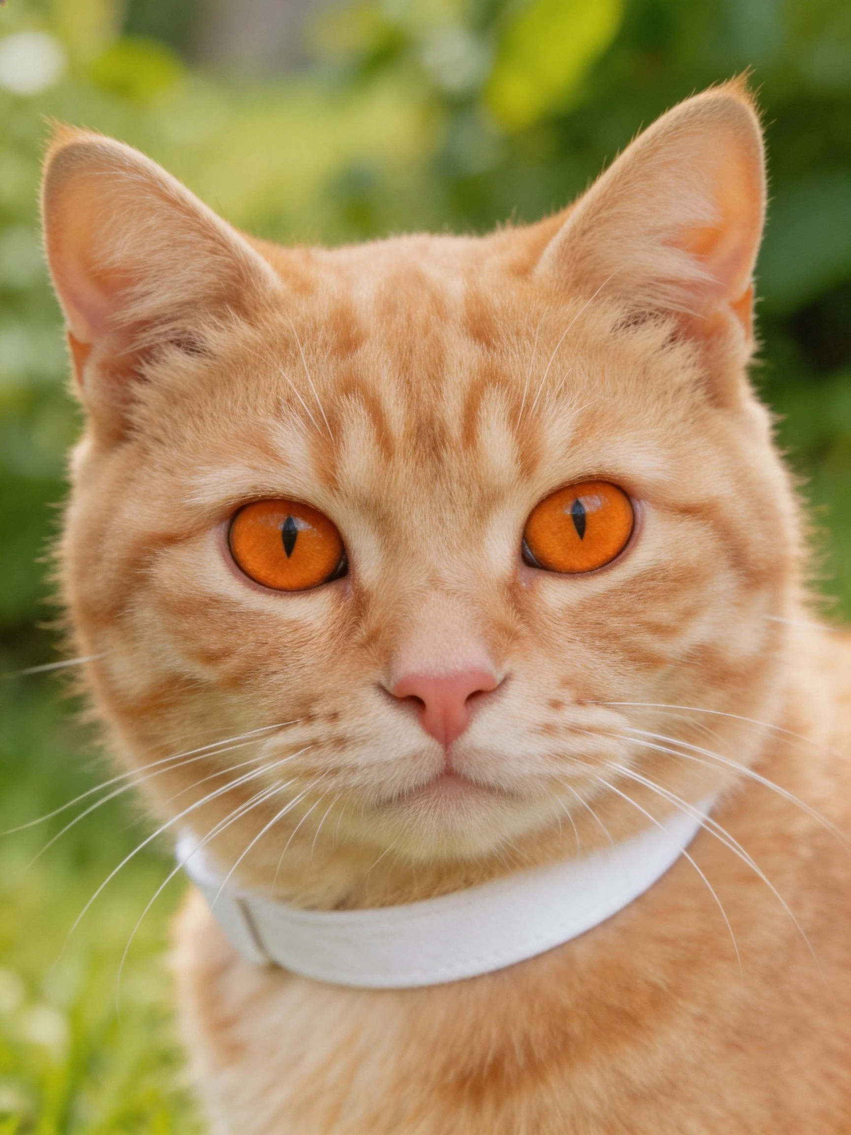 An orange tabby cat with bright orange eyes and a white collar is photographed outdoors.