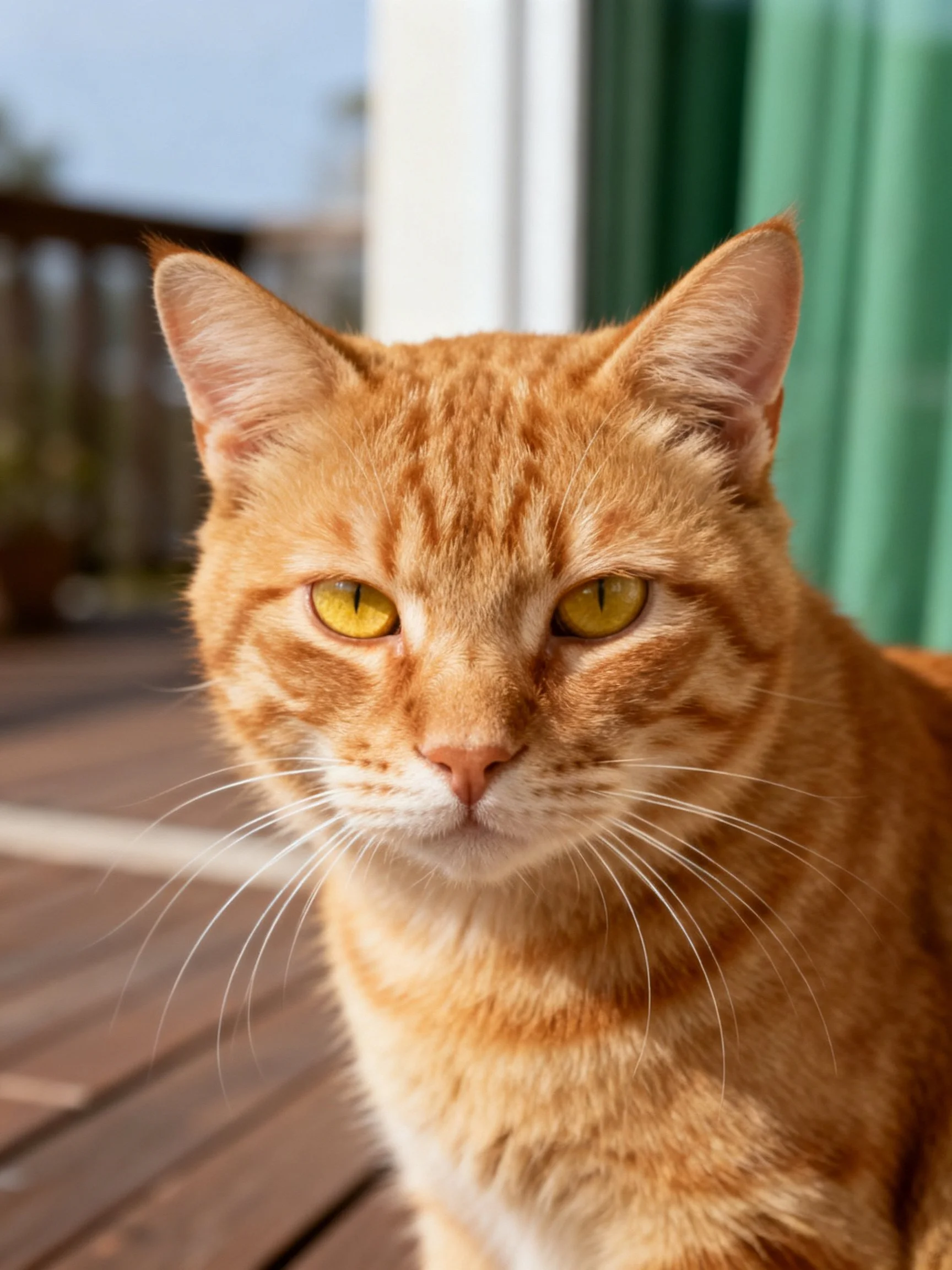 An orange tabby cat with bright yellow eyes sits on a wooden deck.