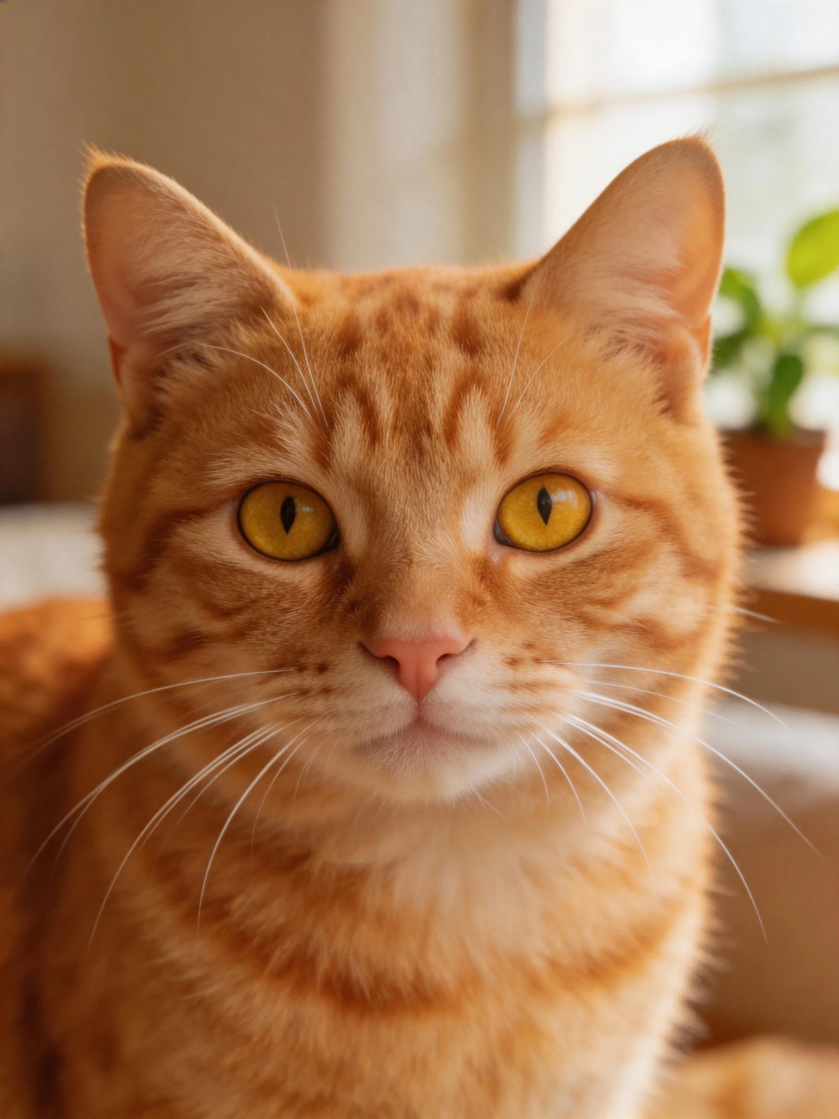 An orange tabby cat with bright yellow eyes is shown up close.