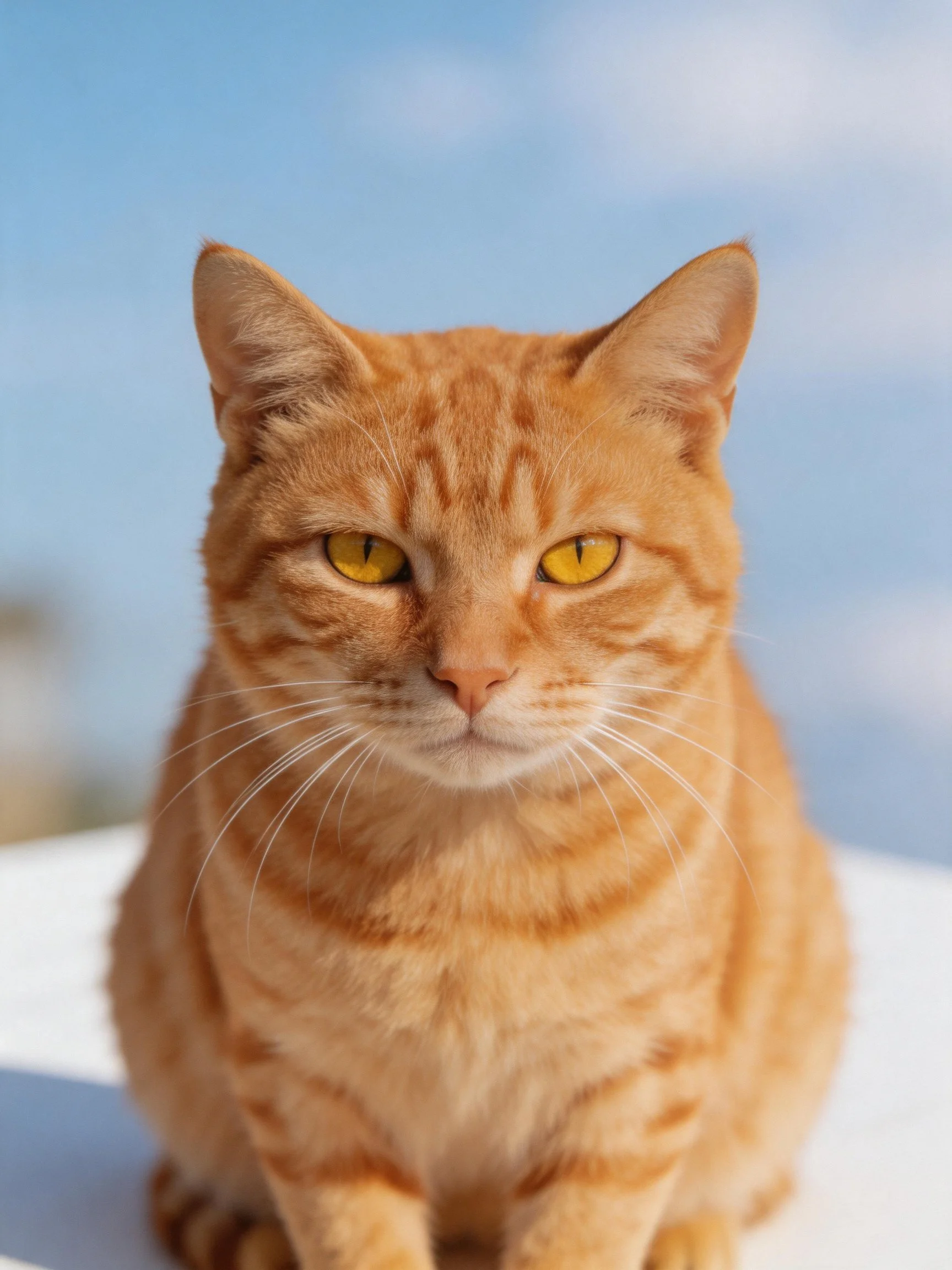 An orange tabby cat sits calmlywith a blue sky backdrop.