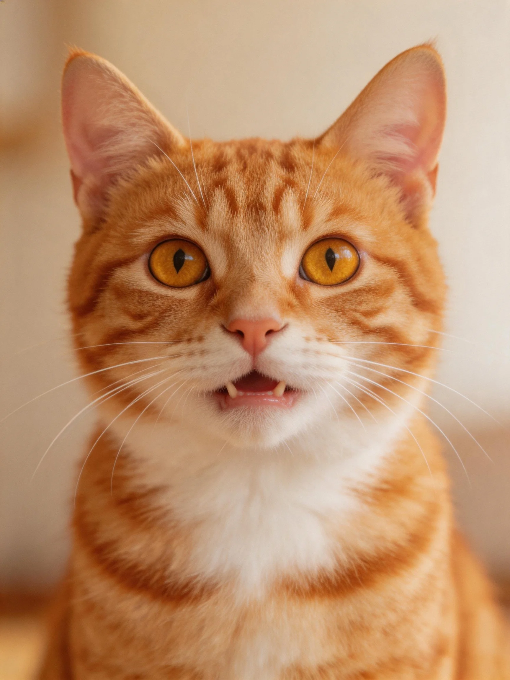 An orange tabby cat with bright yellow eyes is shown in a close - up.